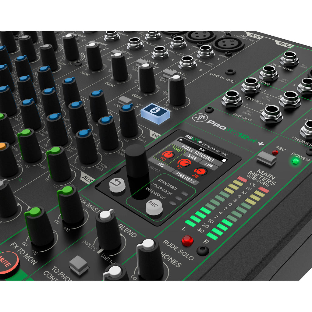 Mackie ProFX12v3+ analog mixer with multiple input channels, knobs, and sliders, featuring professional audio equipment design.