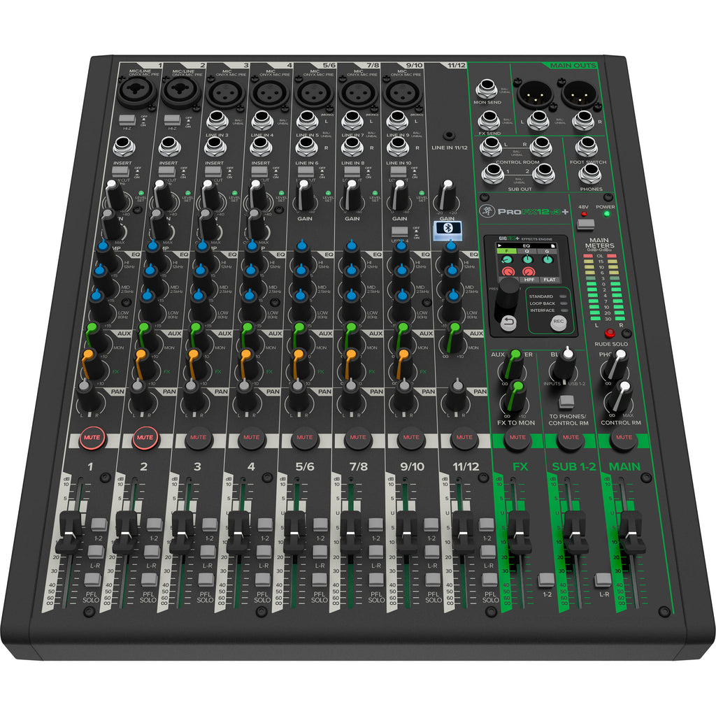 Mackie ProFX12v3+ analog mixer with multiple channels, knobs, and input jacks, showcasing professional audio mixing equipment.
