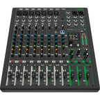Mackie ProFX12v3+ analog mixer with multiple channels, knobs, and input jacks, showcasing professional audio mixing equipment.