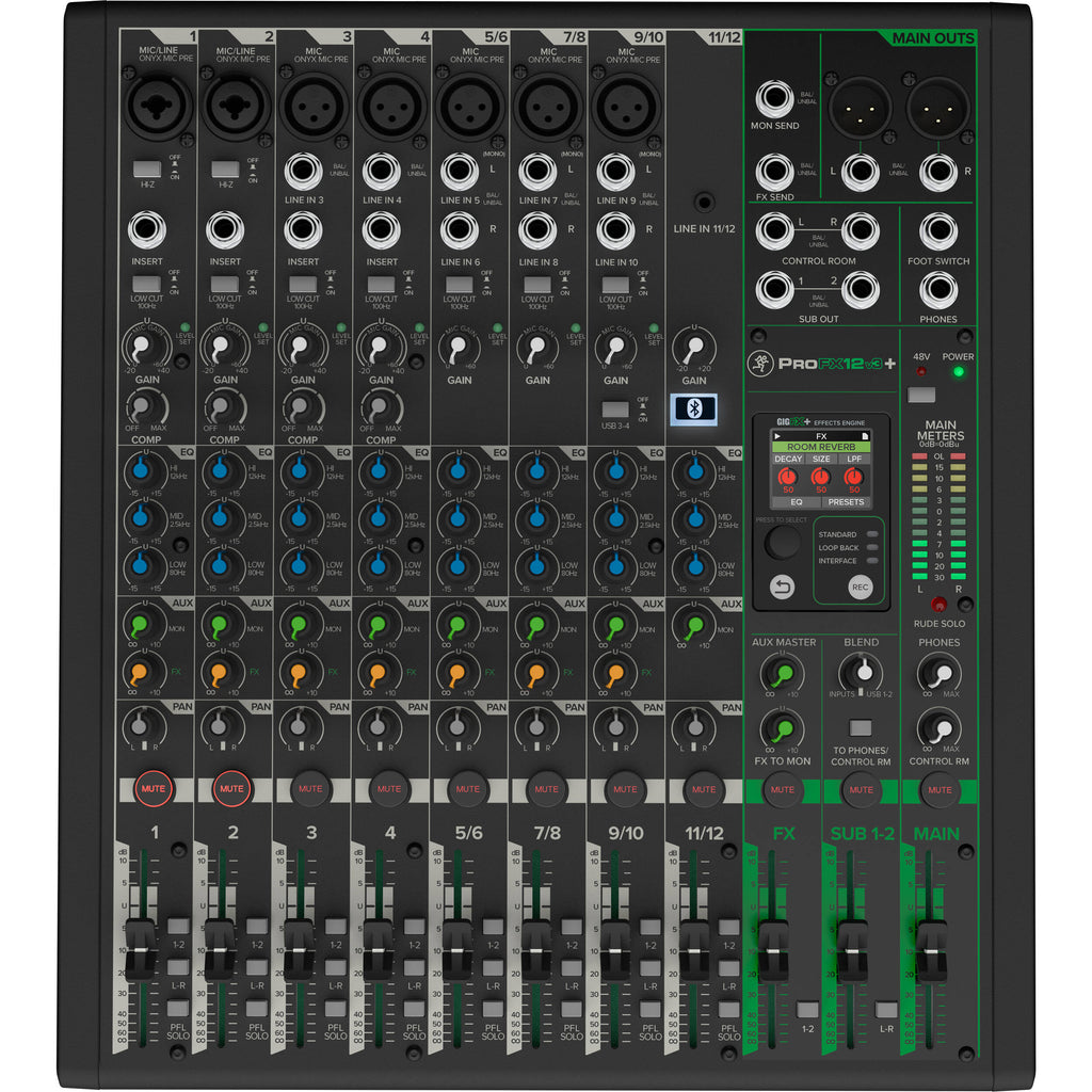 Mackie ProFX12v3+ analog mixer with multiple input channels, knobs, and audio controls on a professional audio equipment surface.