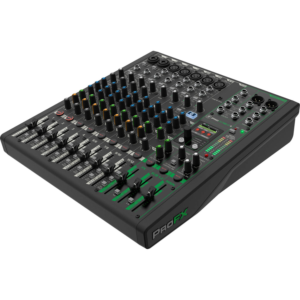 Mackie ProFX12v3+ analog mixer with multiple input channels, knobs, and sliders for professional audio mixing.