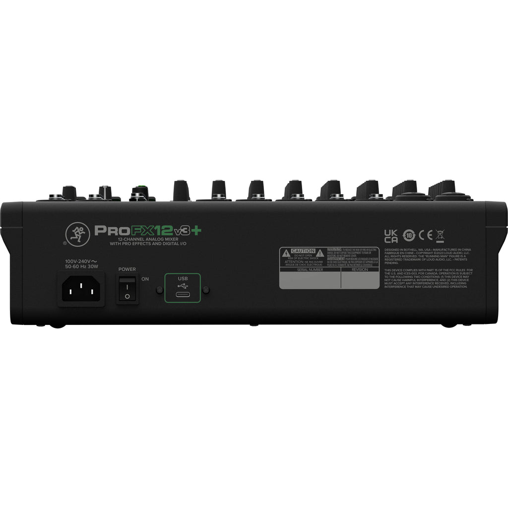 Mackie ProFX12v3+ analog mixer with multiple input channels, knobs, and sliders for professional audio mixing.