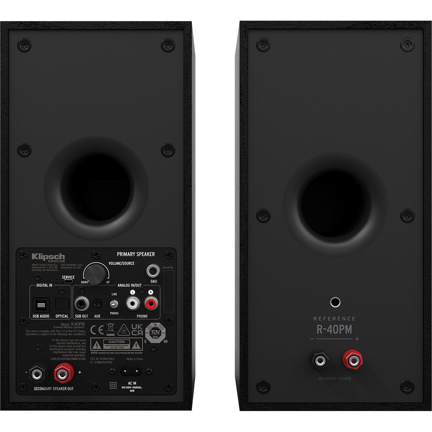 Black Klipsch R-40PM wireless speakers with sleek design and speaker grille, showcasing modern audio equipment for home sound.