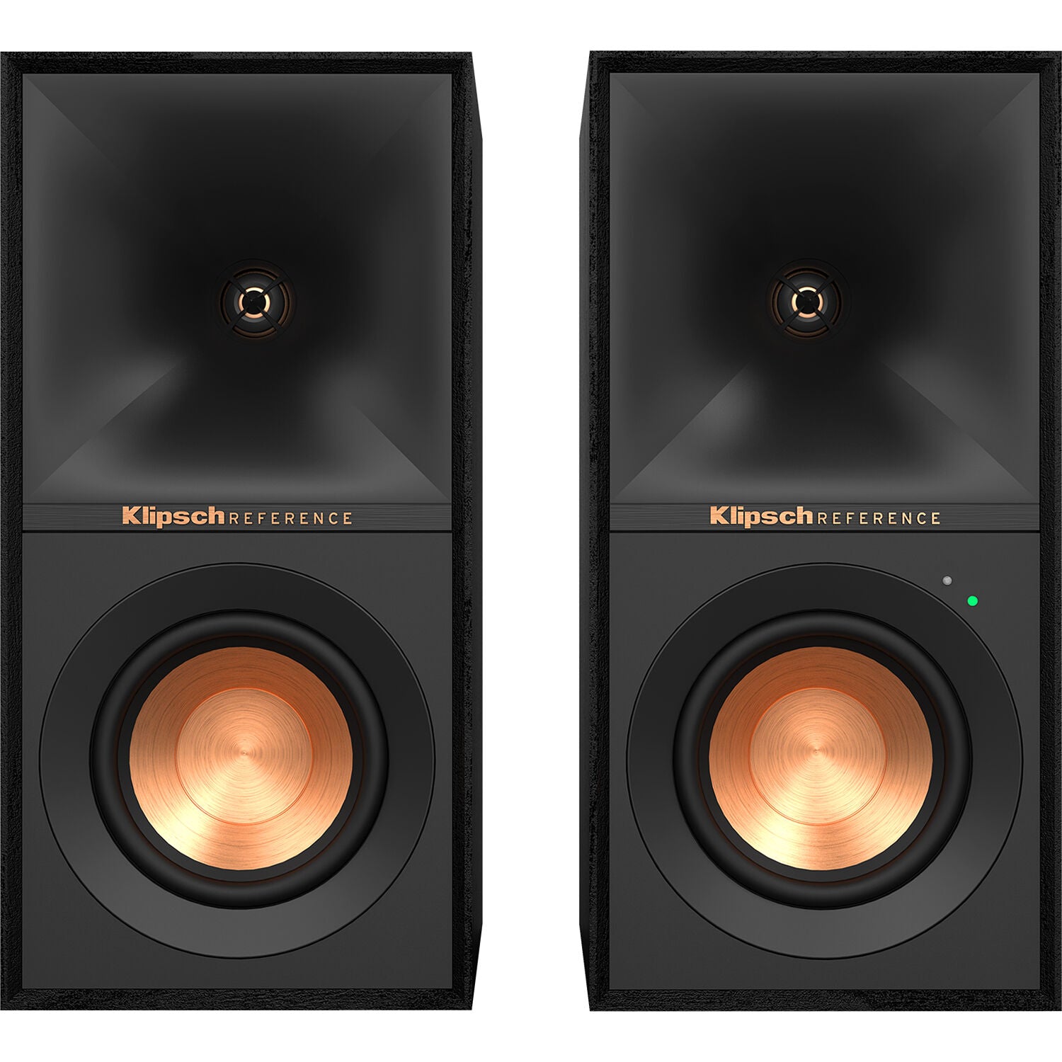 Black Klipsch R-40PM wireless speakers with a sleek design and multiple connection ports, ideal for high-quality audio in any space.