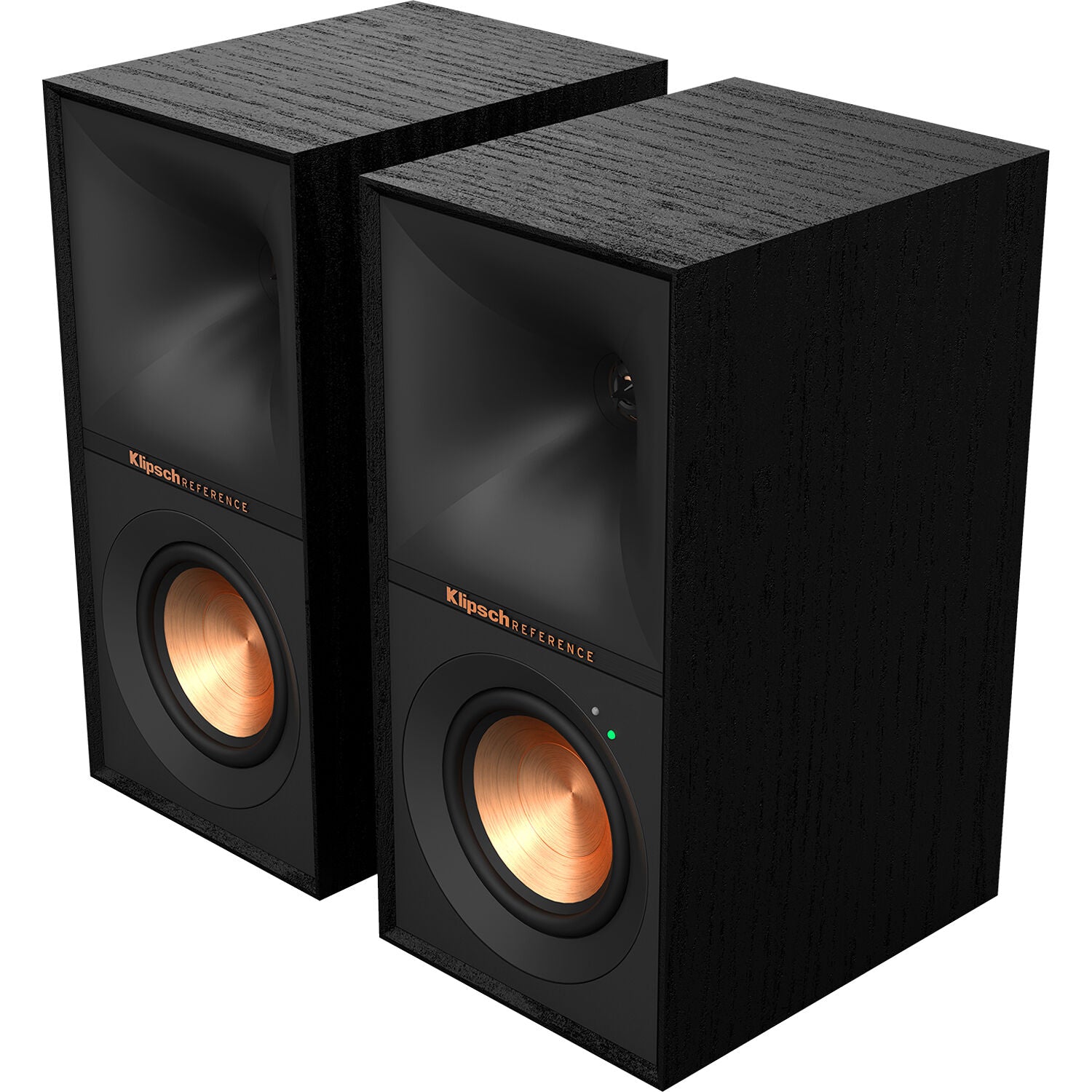 Black Klipsch R-40PM wireless speakers with a sleek design and visible control buttons on the front.
