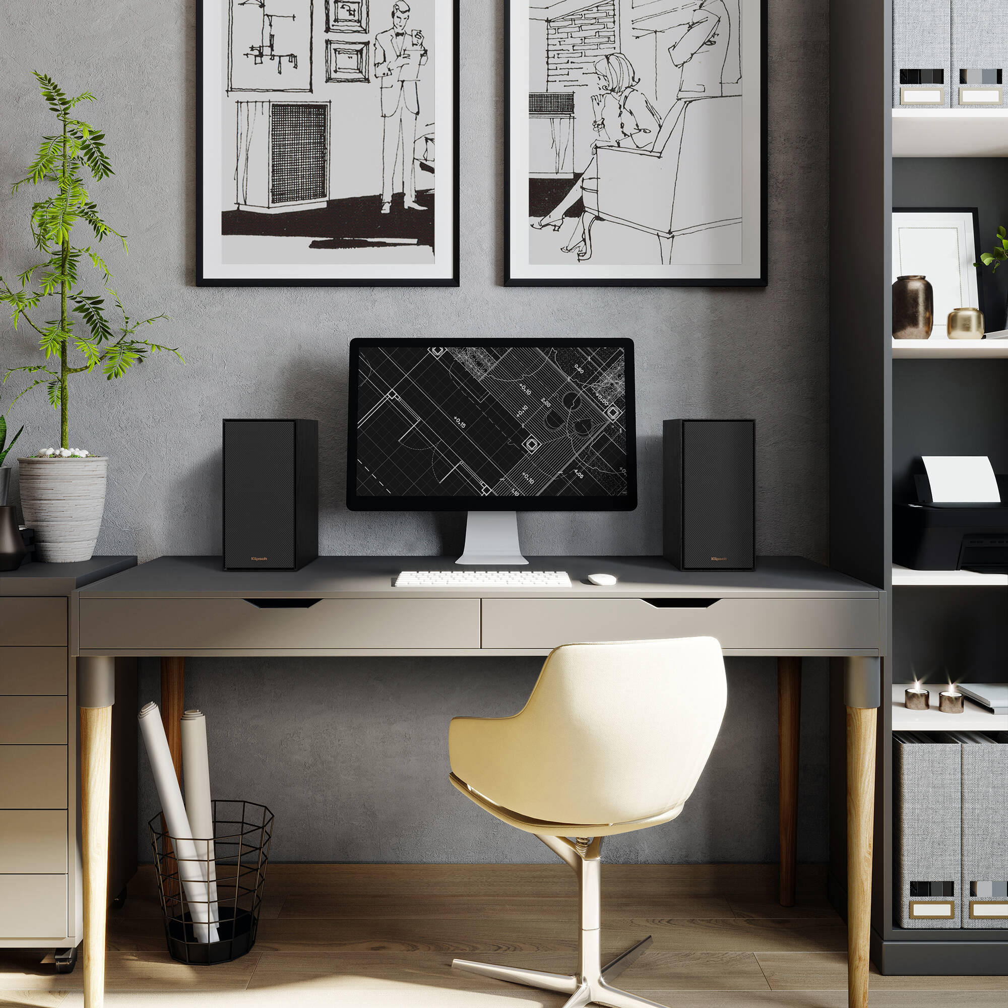 Black Klipsch R-40PM wireless speakers with wooden finish, compact design, and front-facing controls, ideal for home audio.