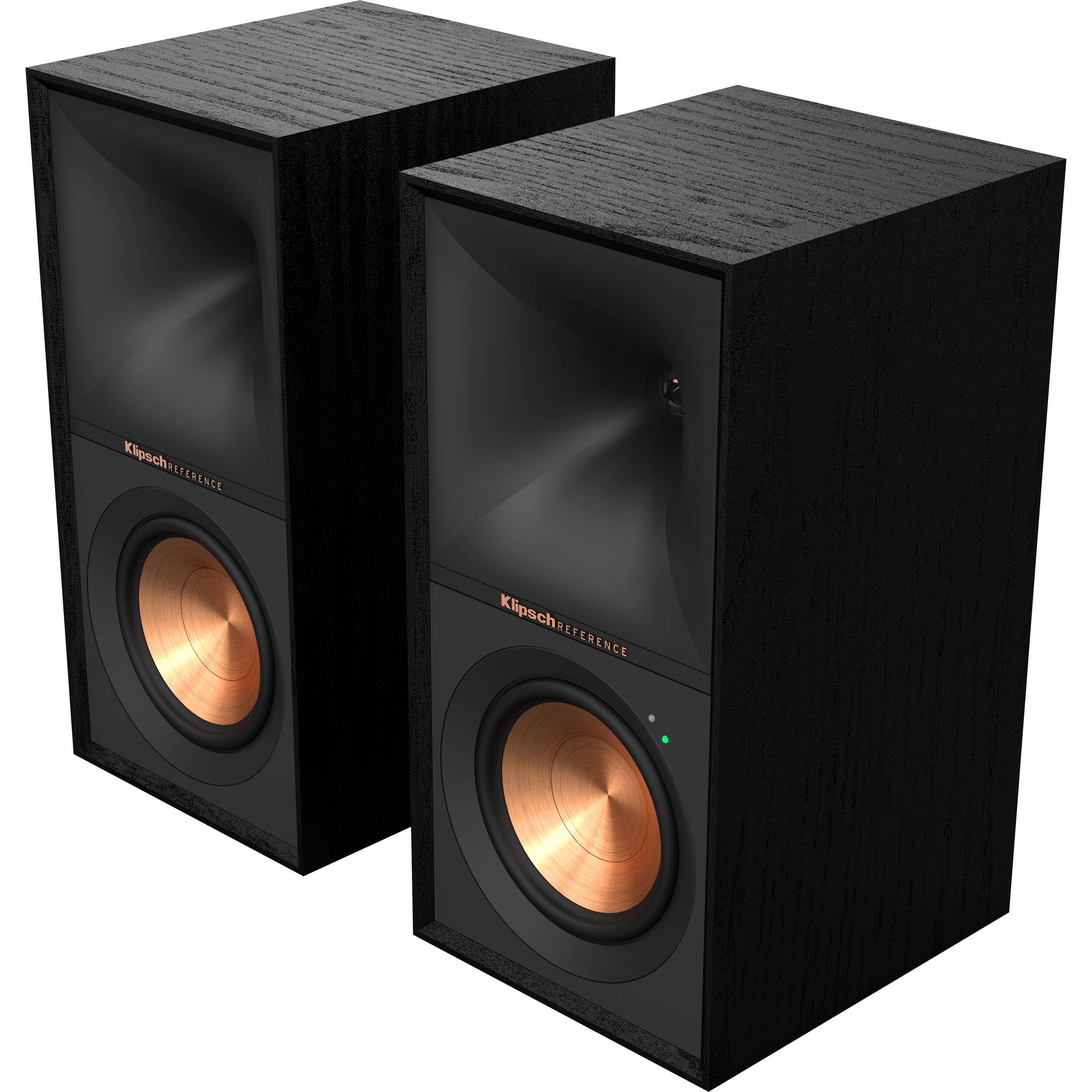 Black Klipsch R-50PM wireless speakers with sleek design, featuring multiple connection ports and built-in controls.