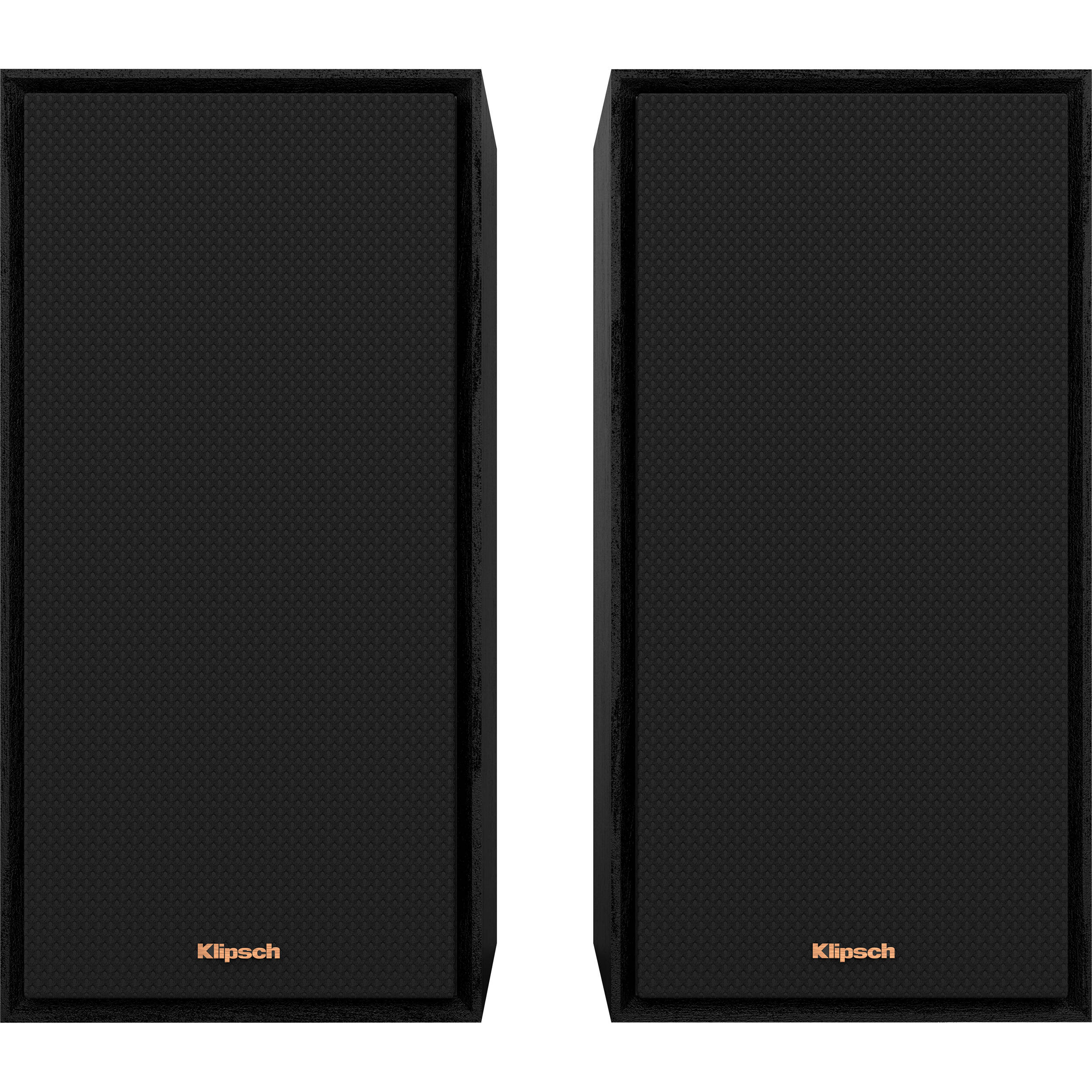 Black Klipsch R-50PM wireless speakers shown with sleek design and front speaker grille, perfect for high-quality audio.