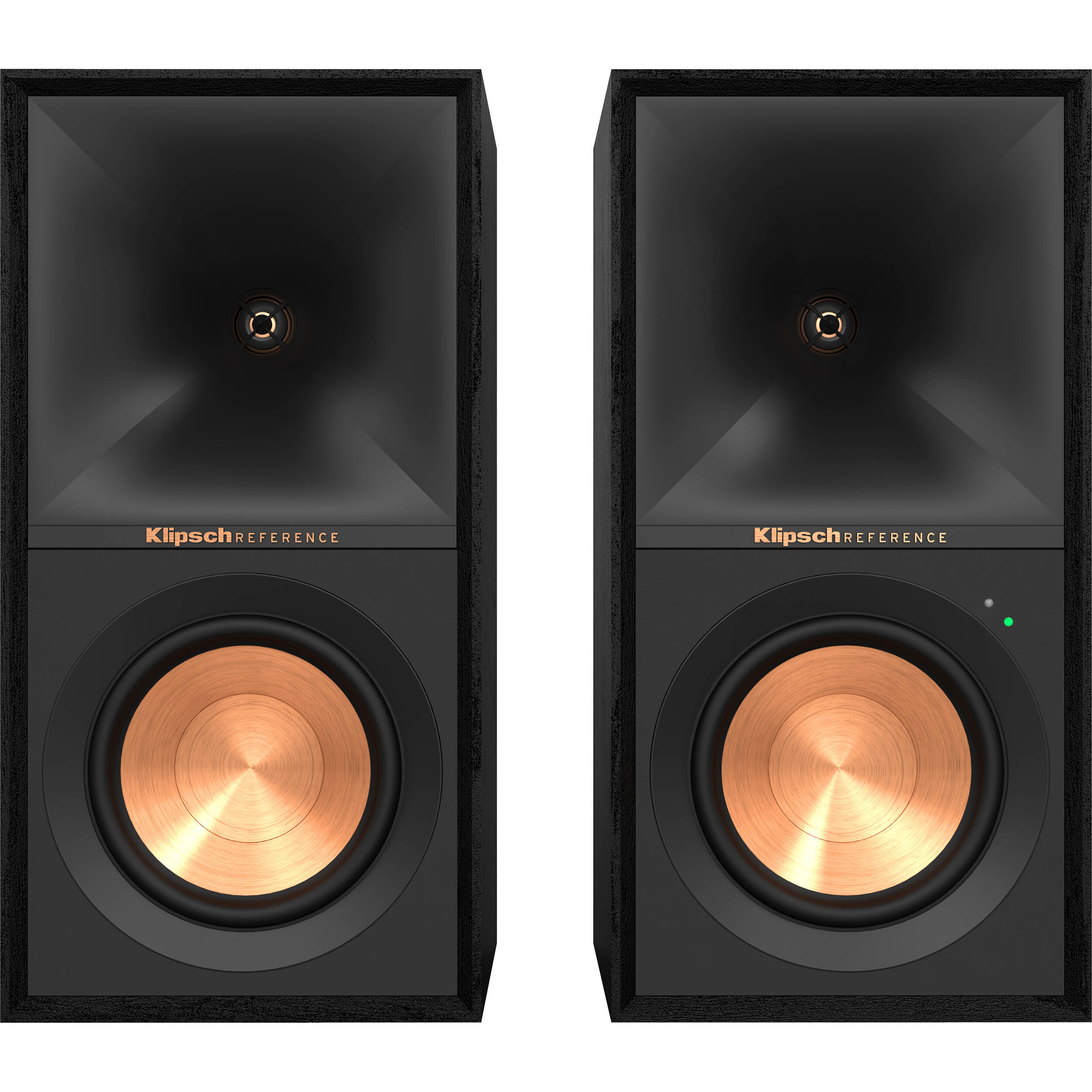 Black Klipsch R-50PM wireless speakers with sleek design and speaker grille, ideal for high-quality audio setup.
