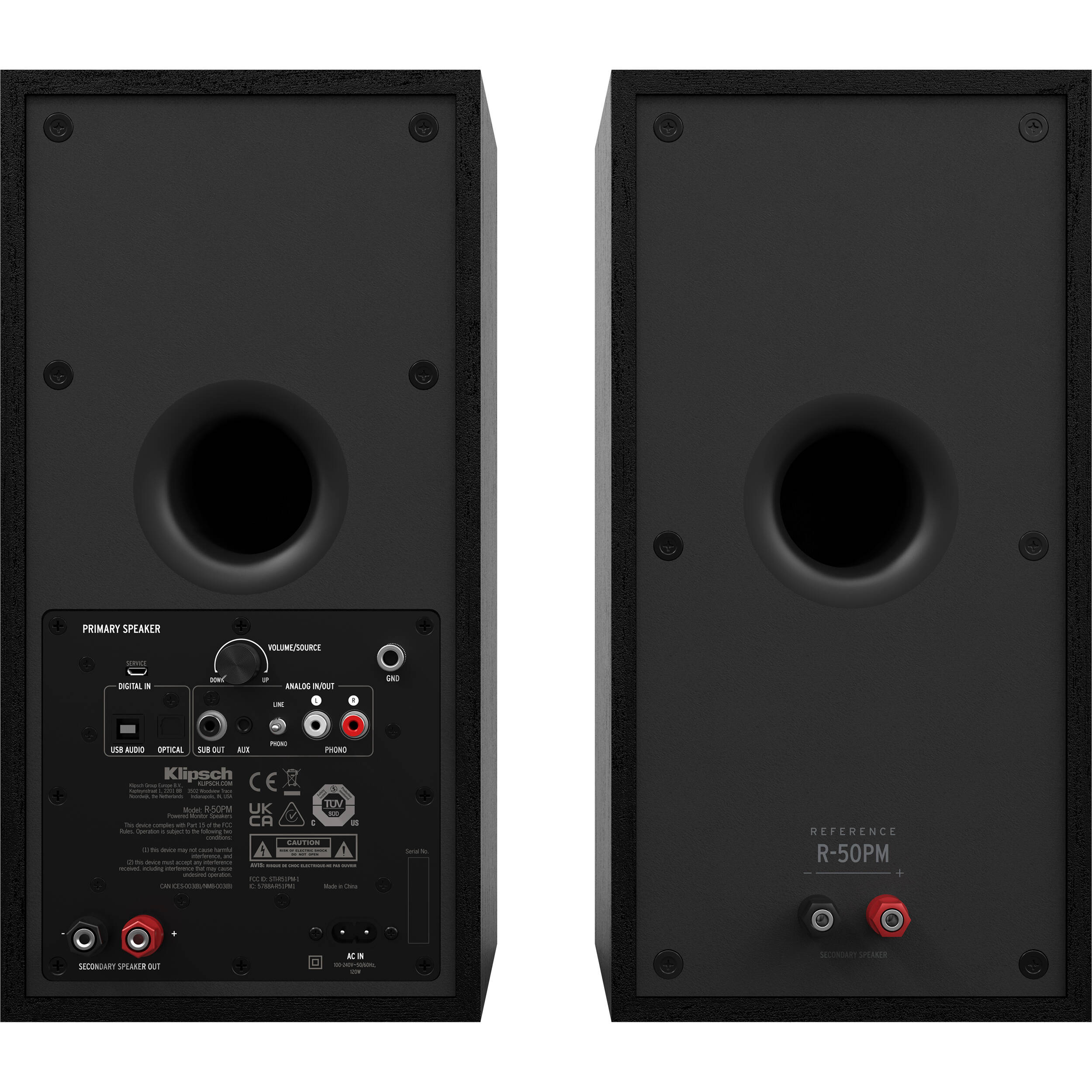 Black Klipsch R-50PM wireless speakers shown with front and side views, featuring sleek design and audio ports.
