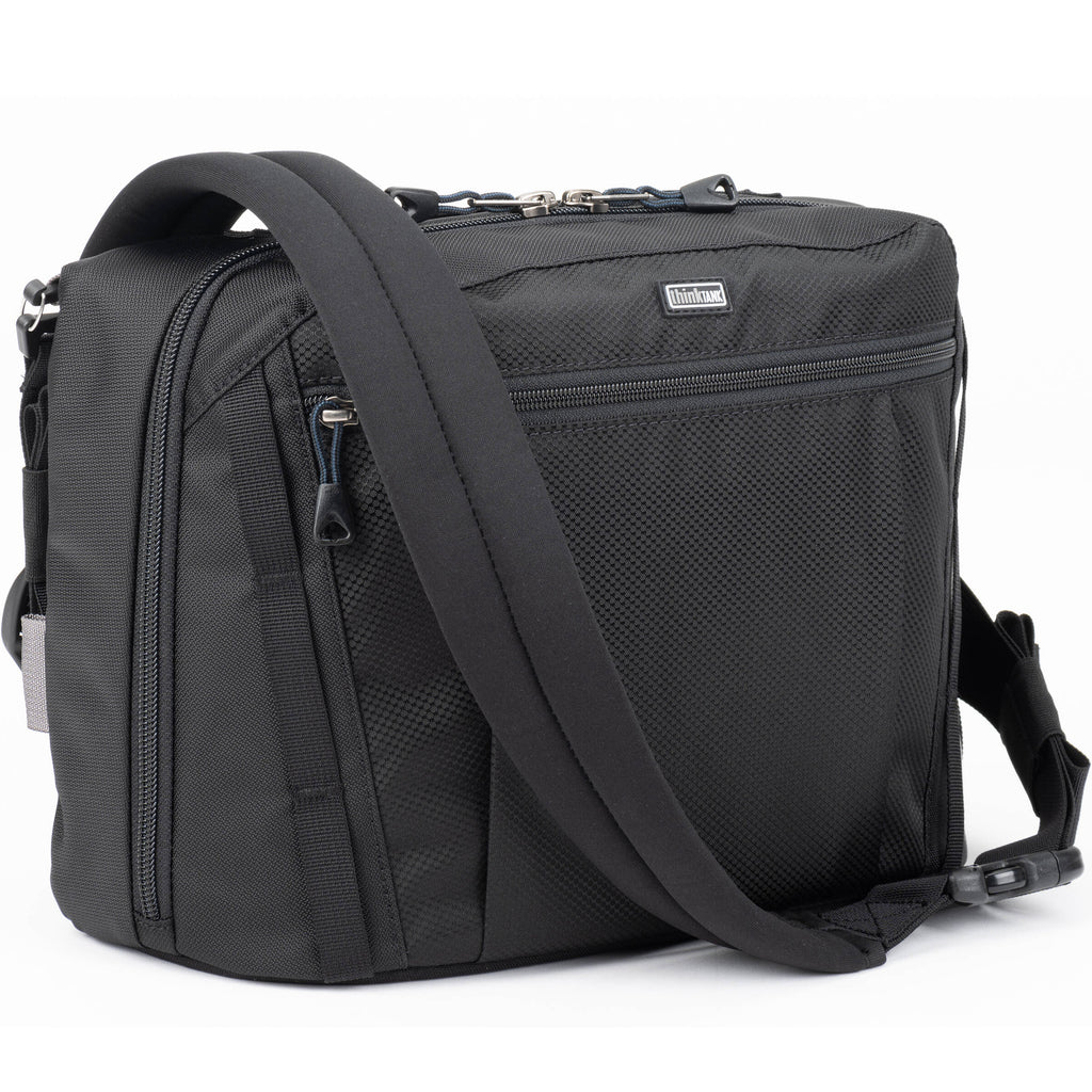 Think Tank PressPass video equipment bag with padded compartments and adjustable straps for professional camera gear storage.