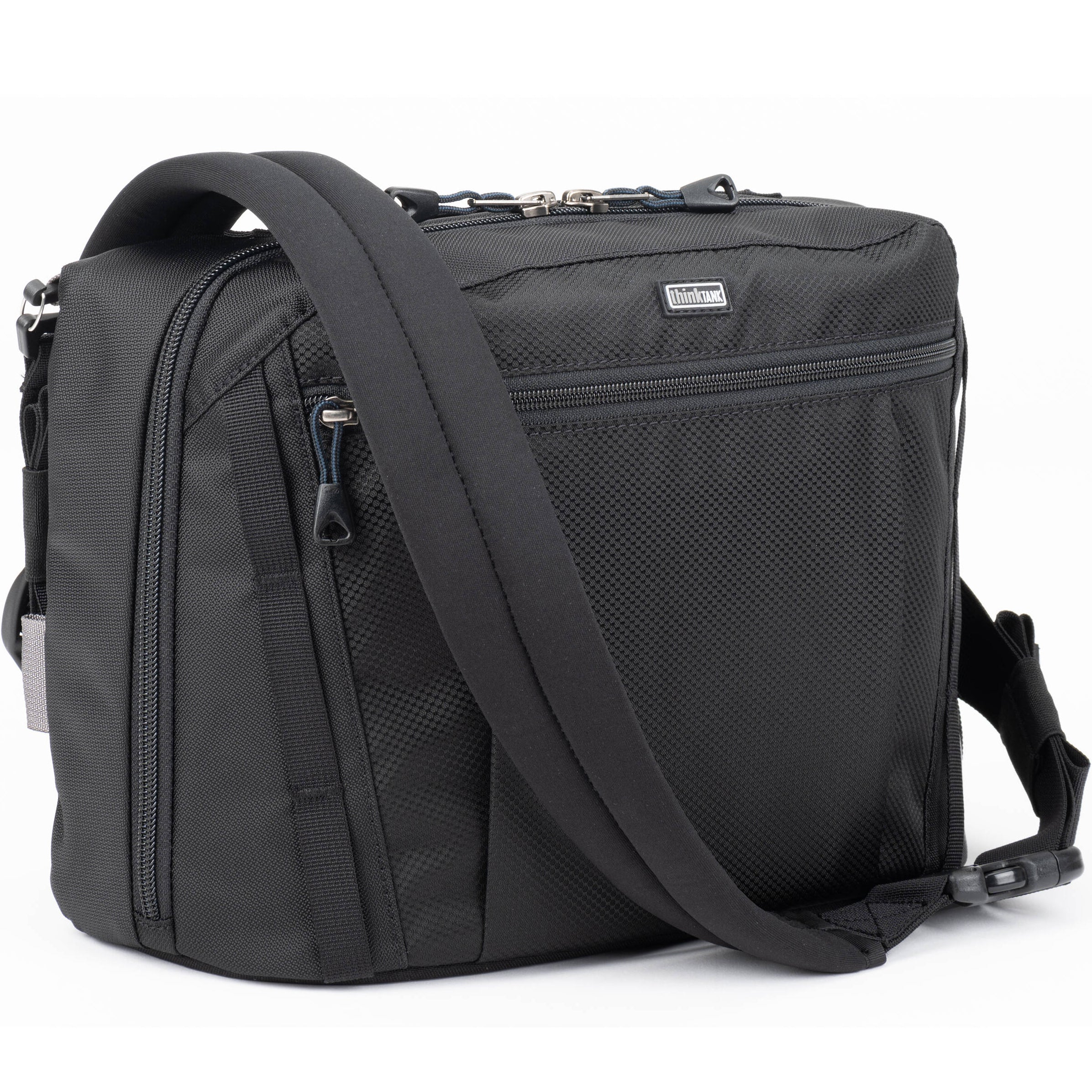 Think Tank PressPass video equipment bag with padded compartments and adjustable straps for professional camera gear storage.