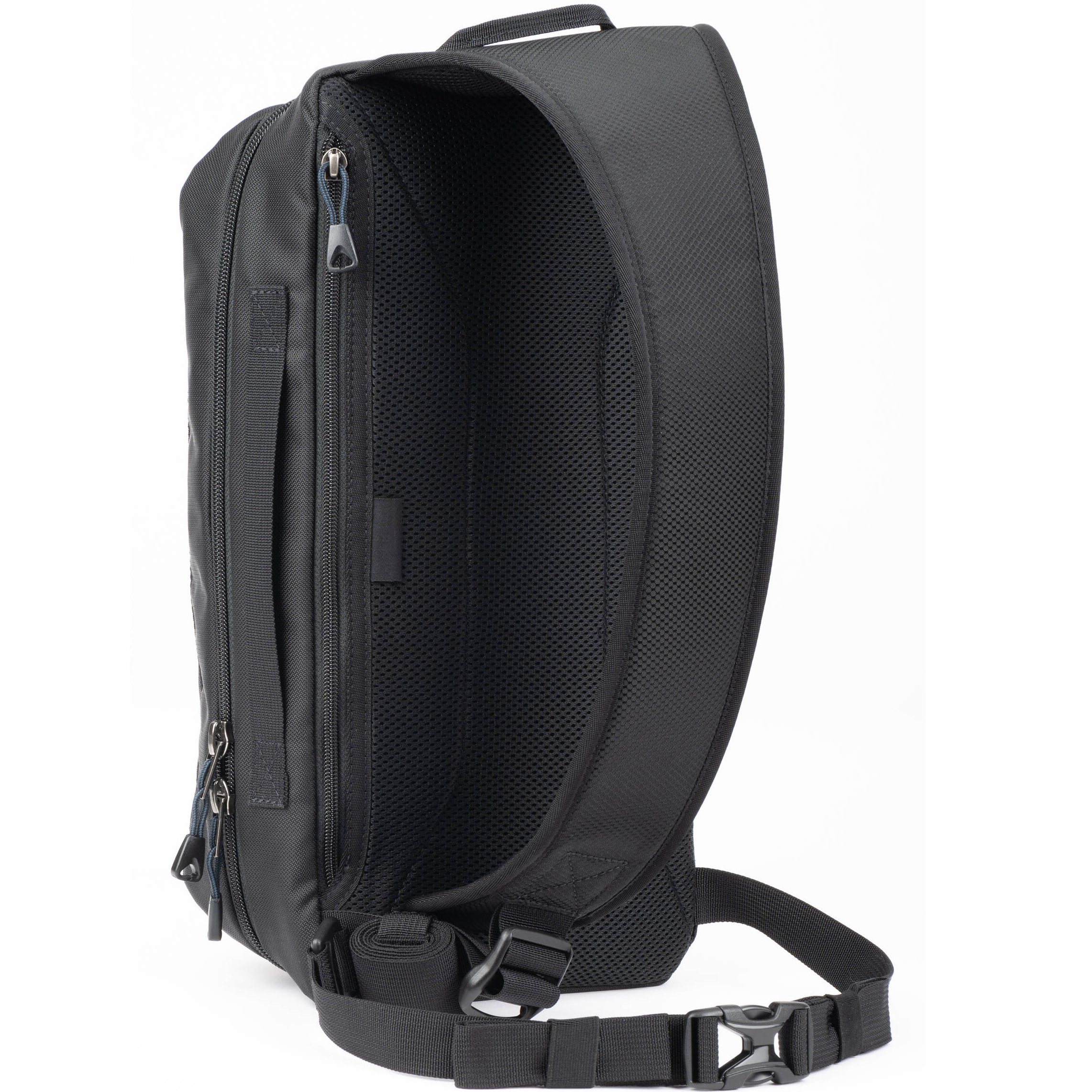 Think Tank PressPass Sling Bag for video equipment, showing padded compartments and adjustable strap on black fabric.