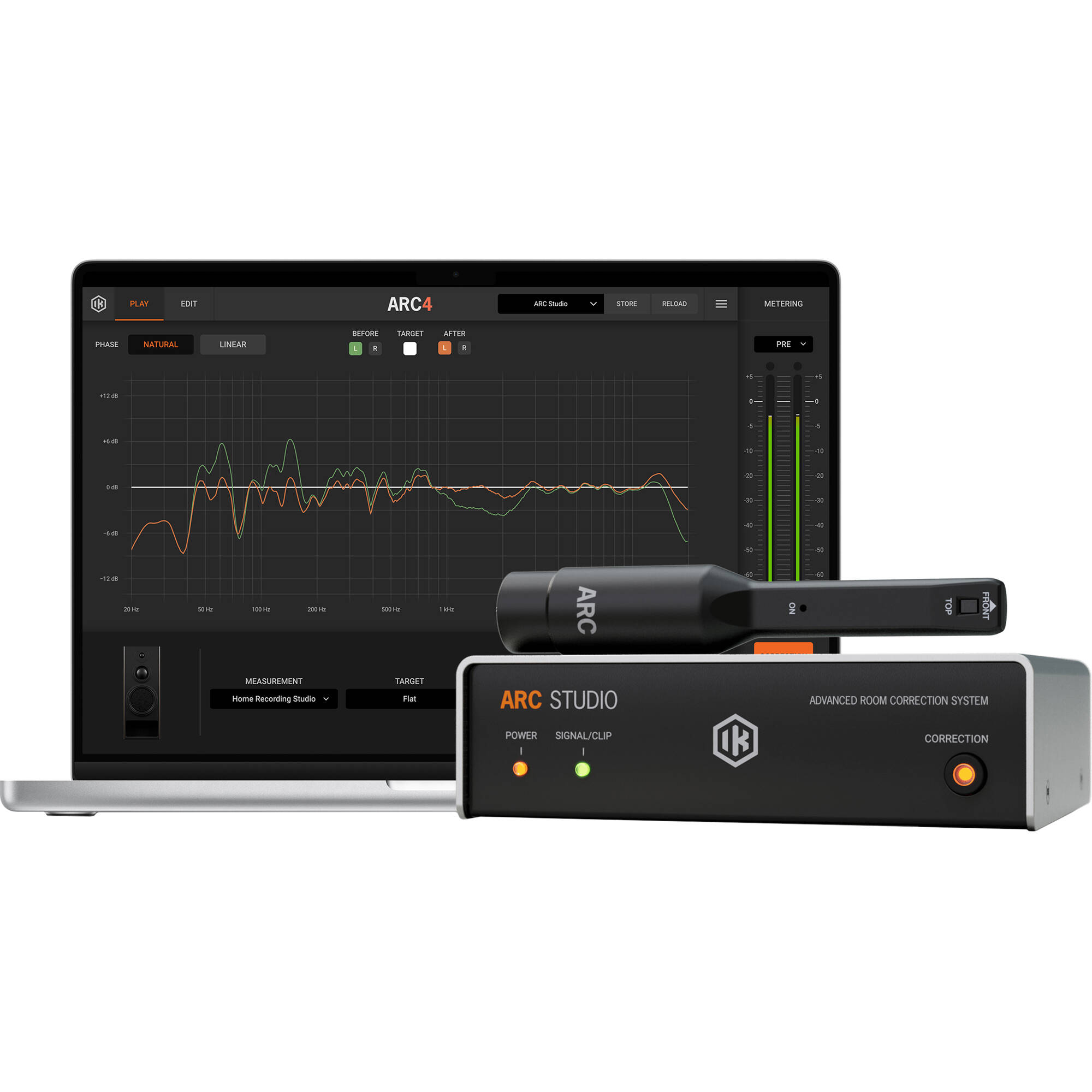 IK Multimedia ARC Studio room calibration device with microphone for accurate acoustic tuning and sound optimization.