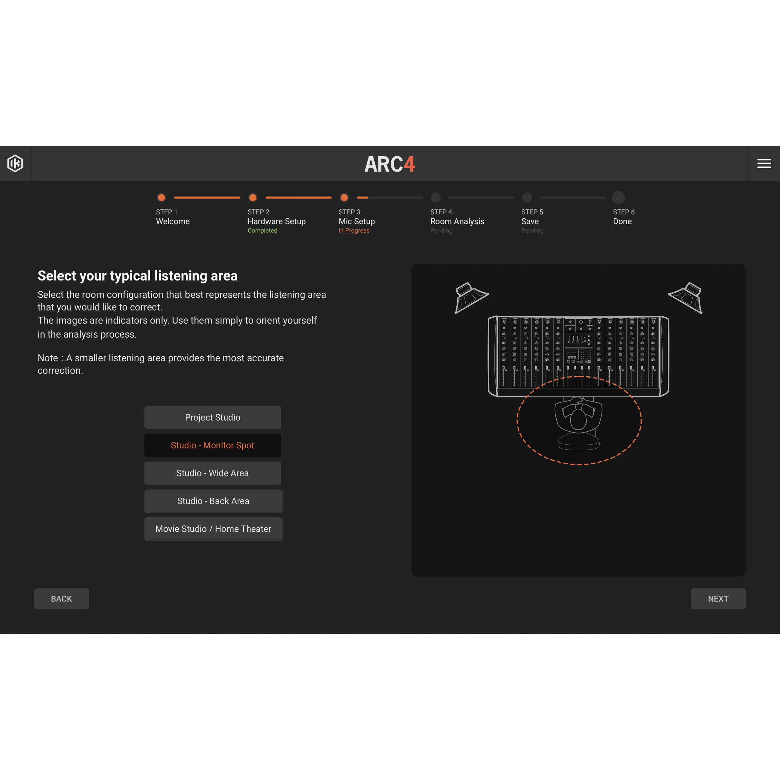 IK Multimedia ARC Studio room calibration device with control interface and calibration microphone for accurate audio tuning.