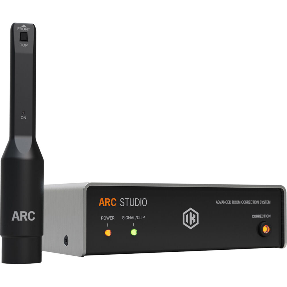 IK Multimedia ARC Studio room calibration system setup, showing the hardware and interface for audio room correction.