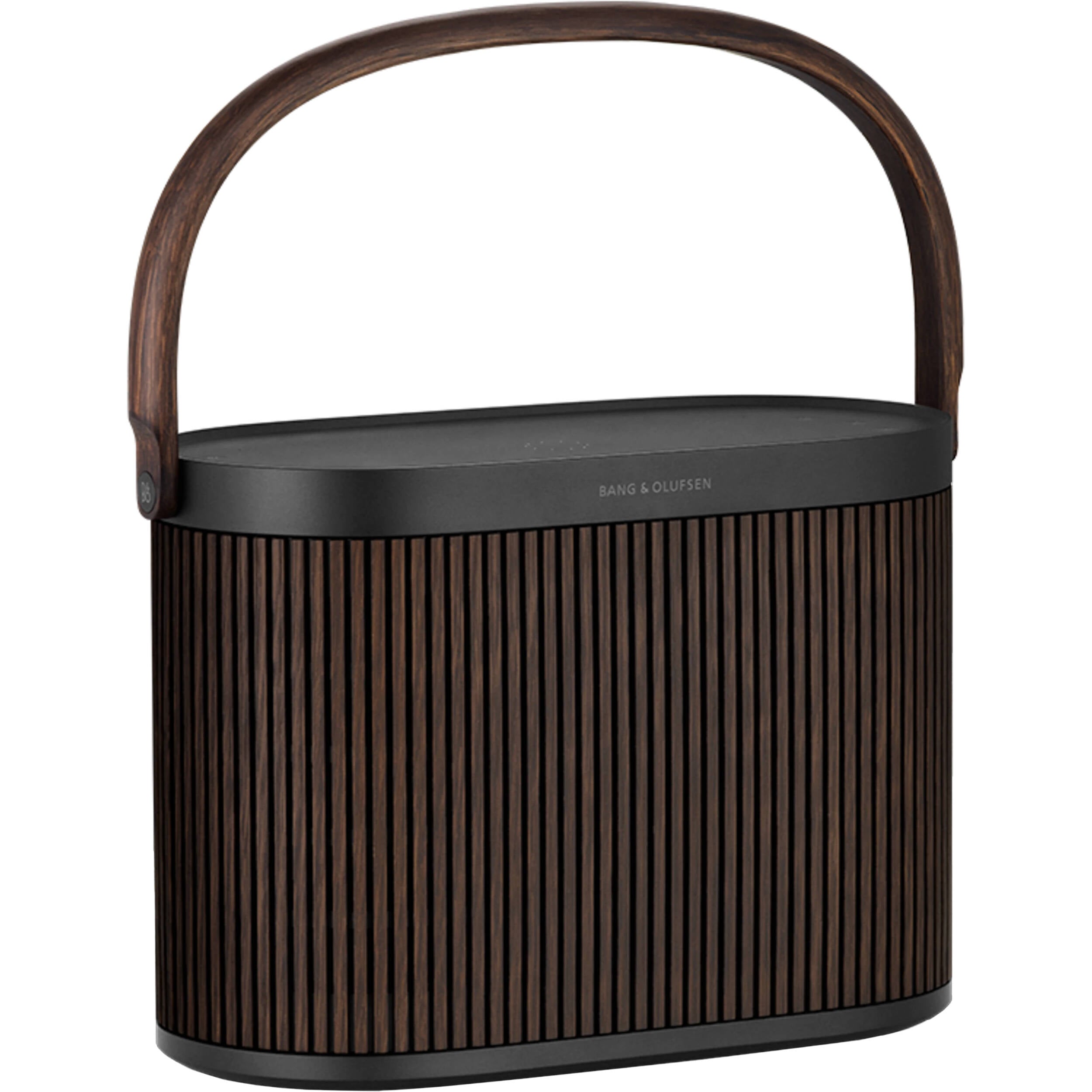 Bang & Olufsen Beosound A5 portable speaker with sleek design and fabric cover, featuring control buttons on top.