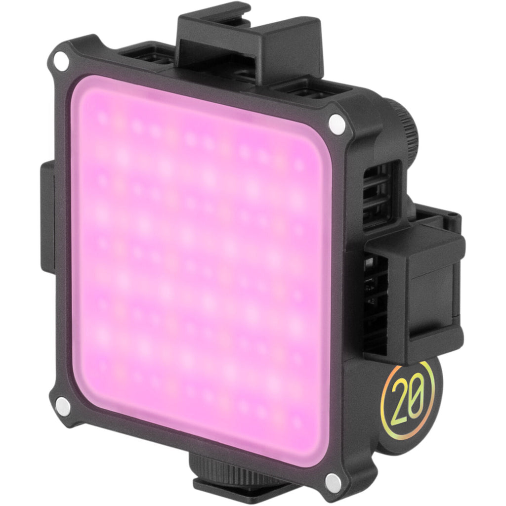 Zhiyun Fiveray M20C RGB light panel with combo accessories, showing adjustable color and brightness settings in a professional studio.
