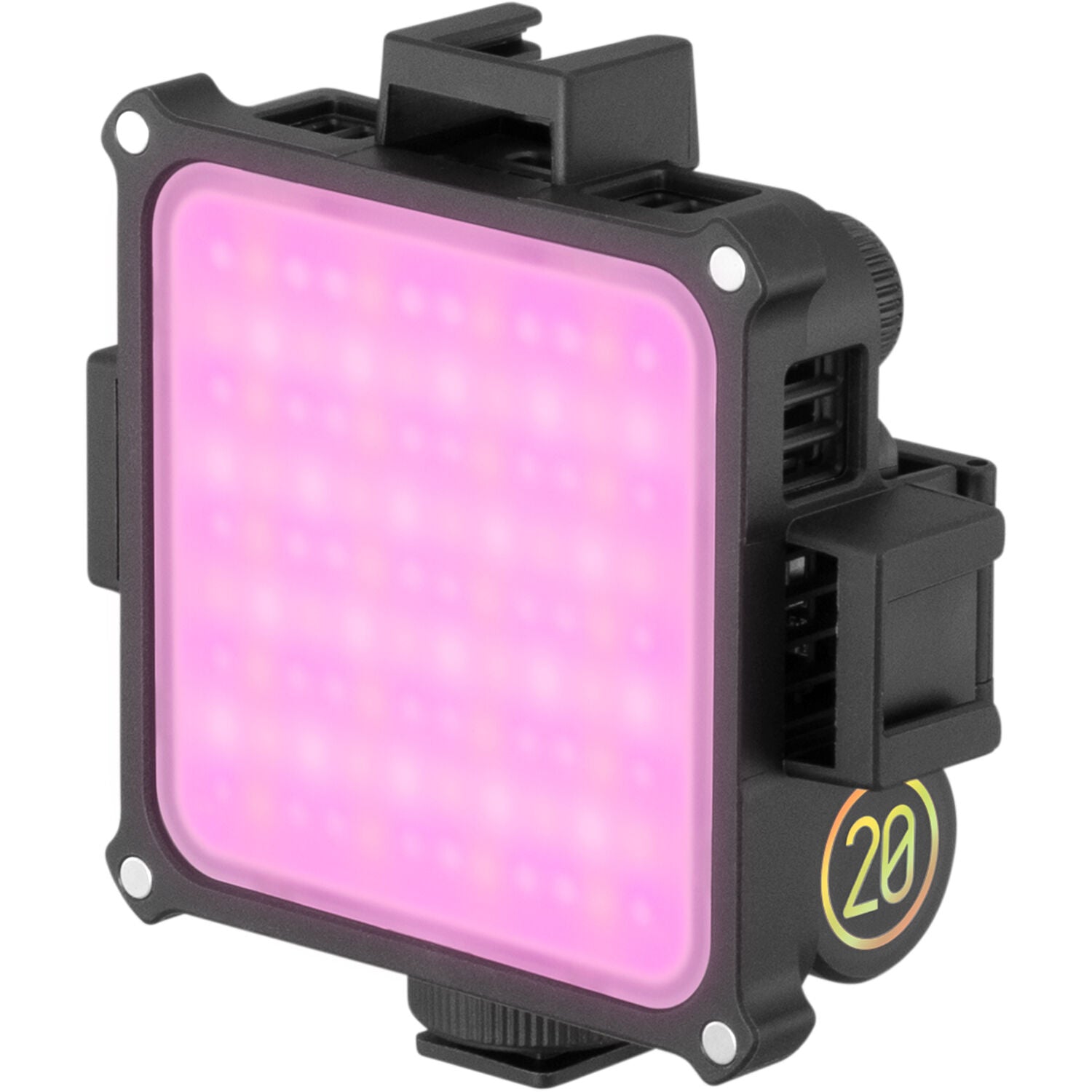 Zhiyun Fiveray M20C RGB light panel with combo accessories, showing adjustable color and brightness settings in a professional studio.