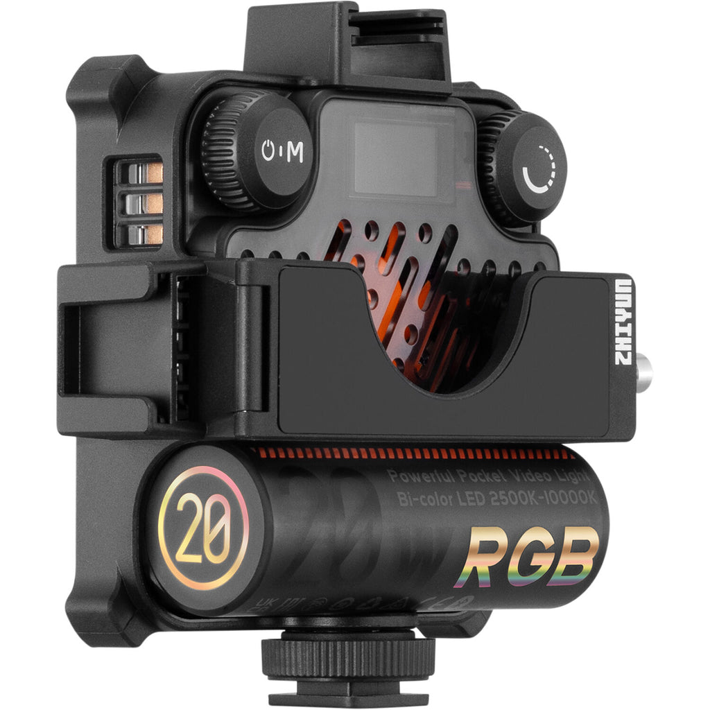 Zhiyun Fiveray M20C RGB lights combo showing portable LED panel with adjustable color and brightness settings.