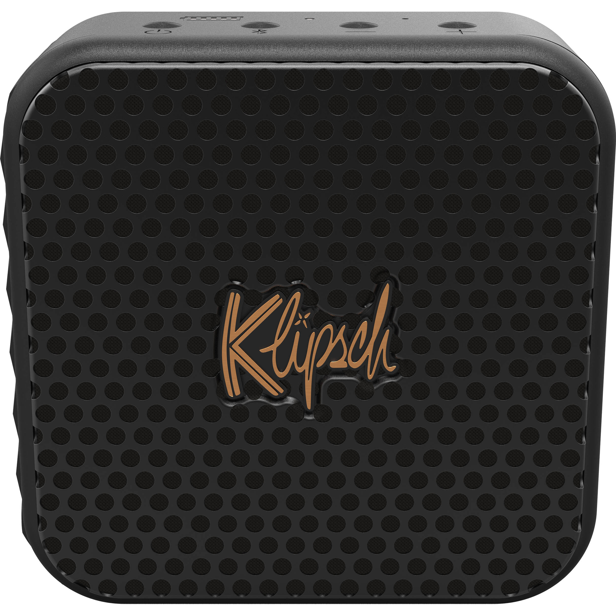 Klipsch Austin portable speaker in black with control buttons and grille, compact and portable audio device.