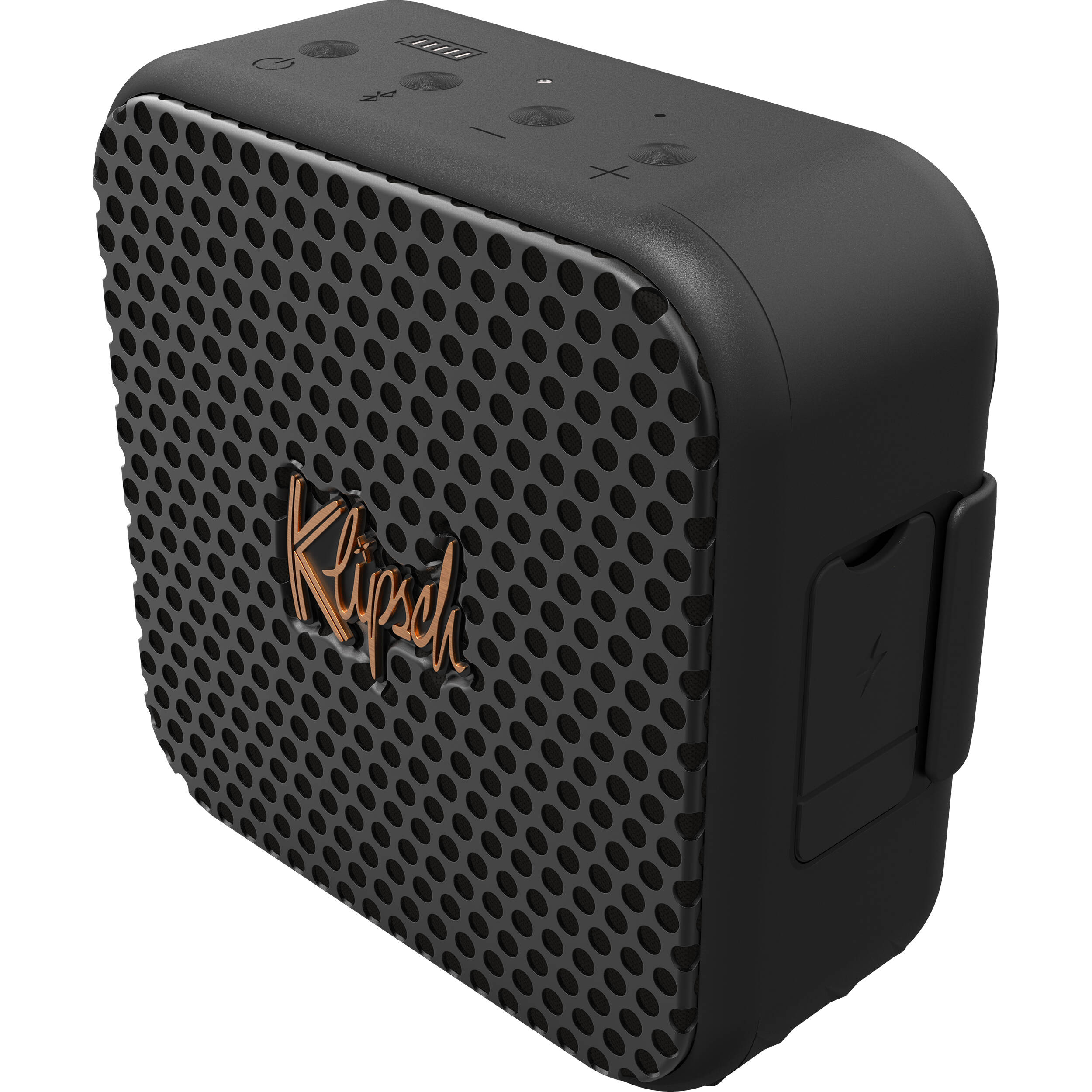 Klipsch Austin portable speaker with sleek black design and control buttons on top, ideal for portable audio.