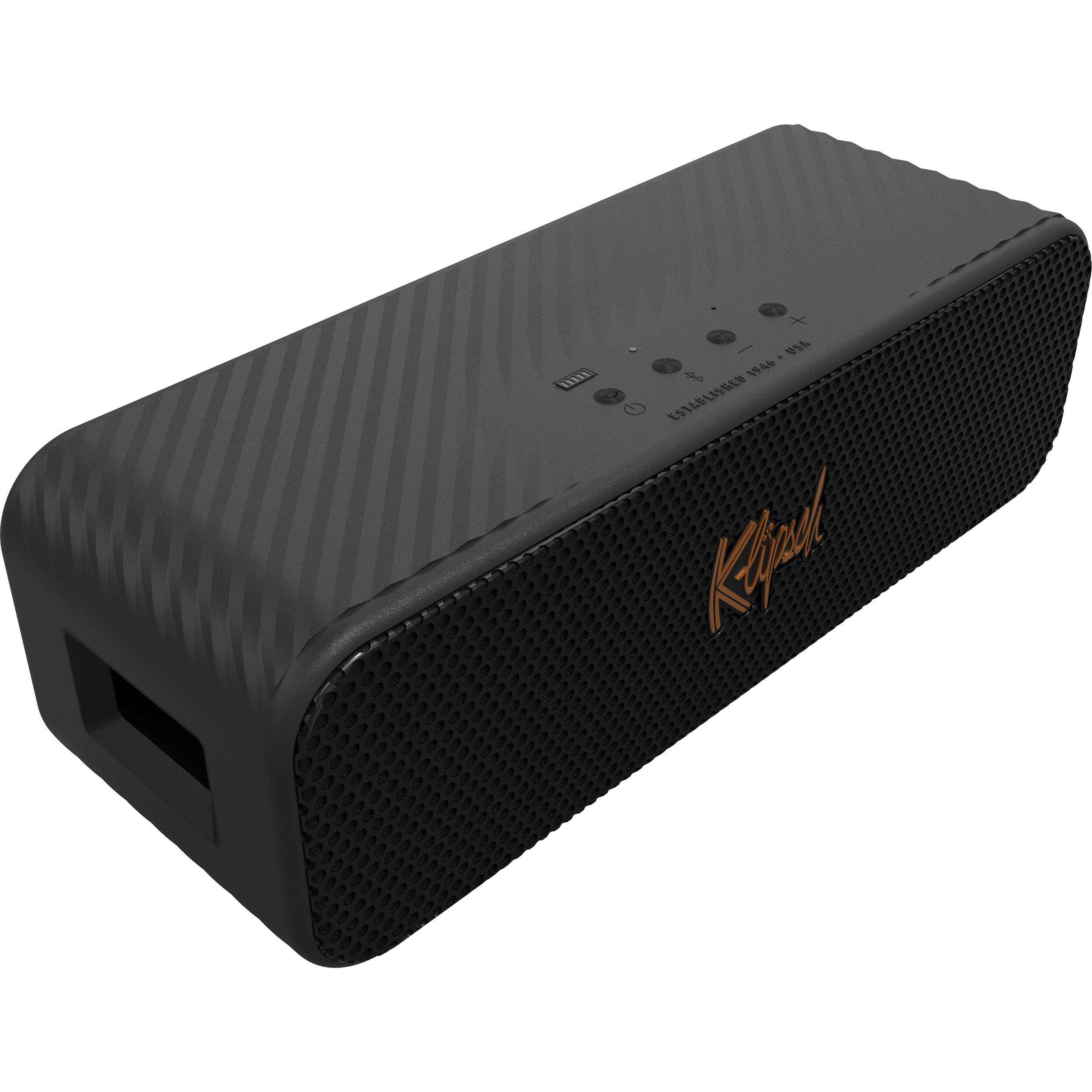 Klipsch Detroit portable speakers in sleek design, showcasing front grille and compact size for easy transport.