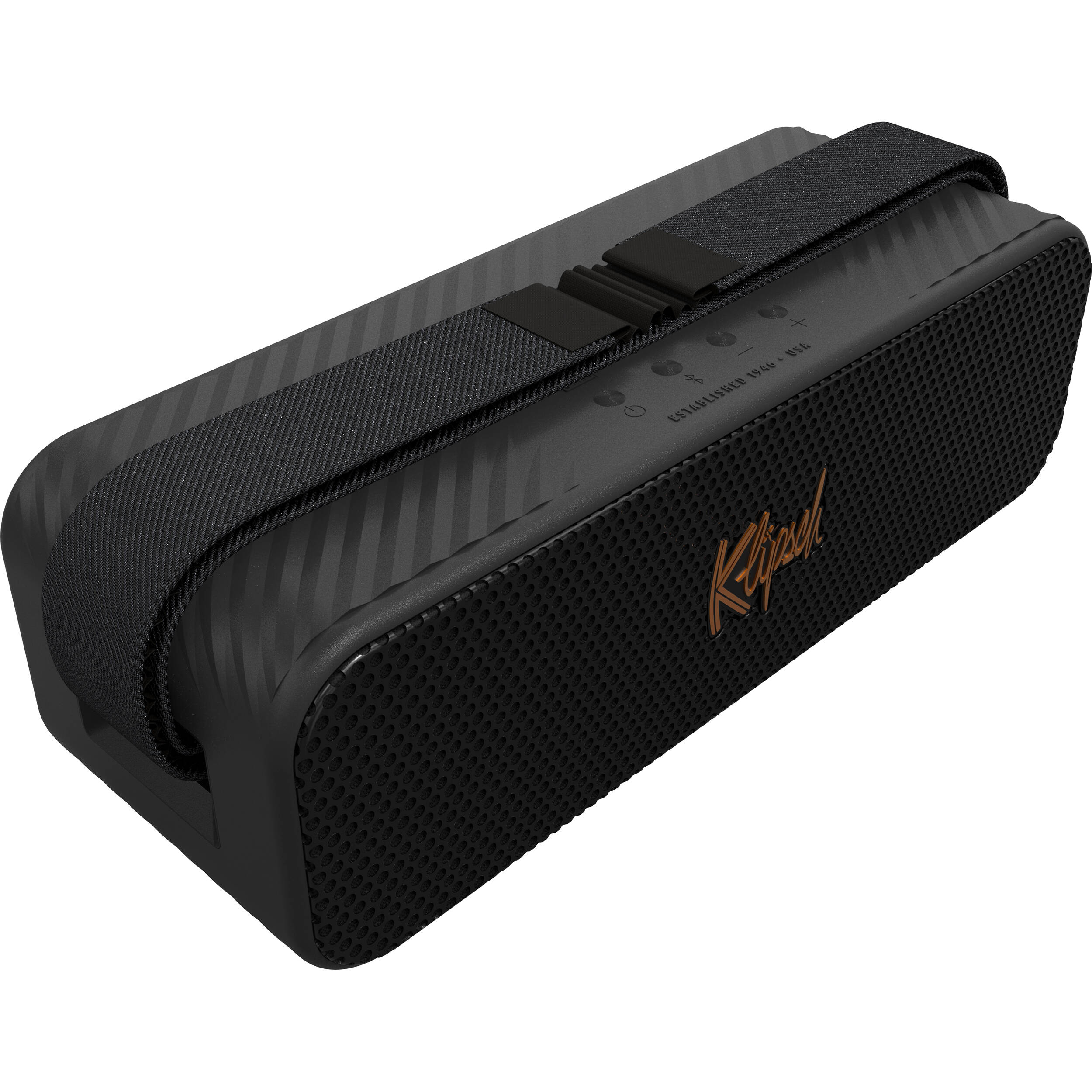 Klipsch Detroit portable speakers in sleek design, showcasing front grille and side controls on a wooden surface.