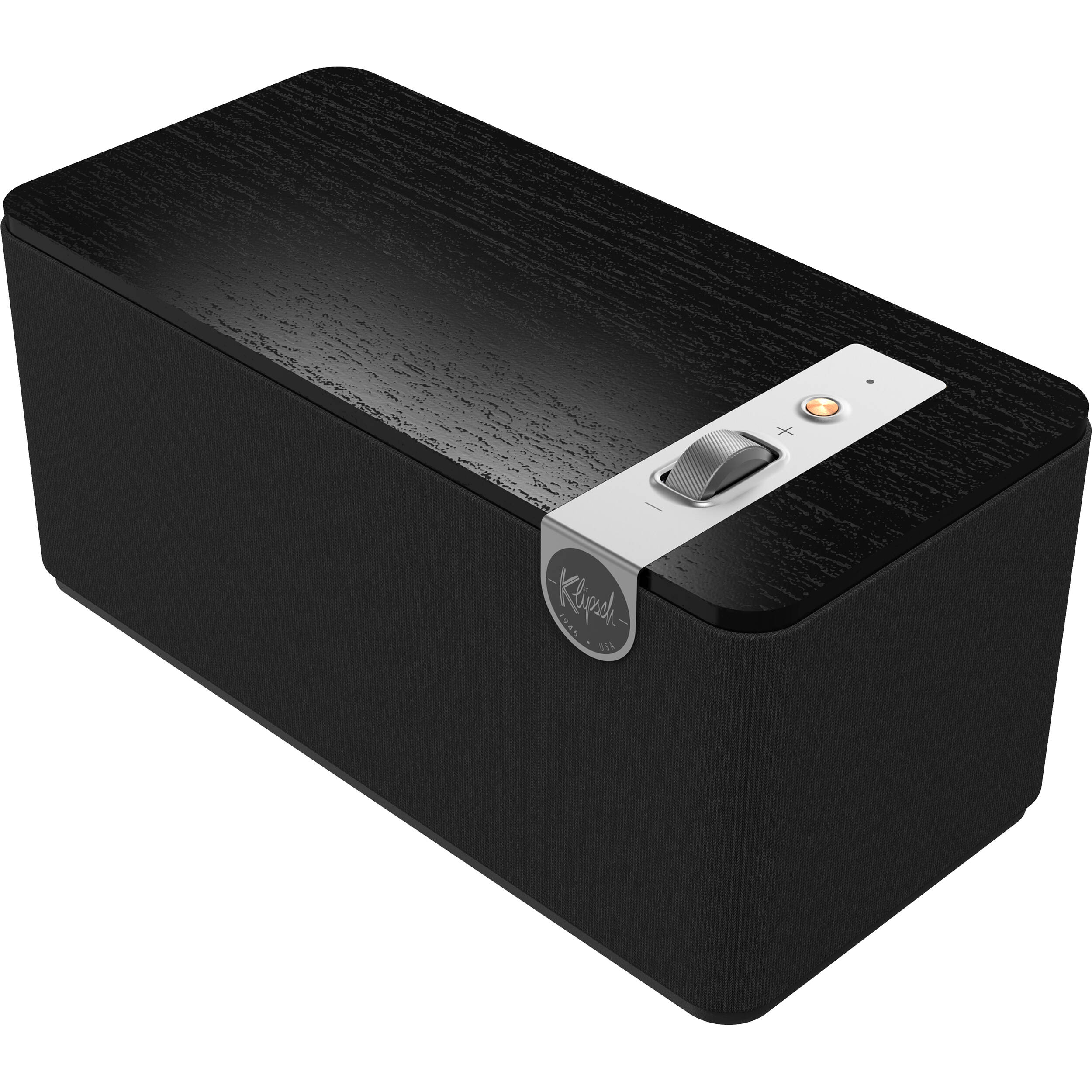 Klipsch The One Plus wireless speaker with vintage design, featuring a wooden cabinet and analog controls on top.