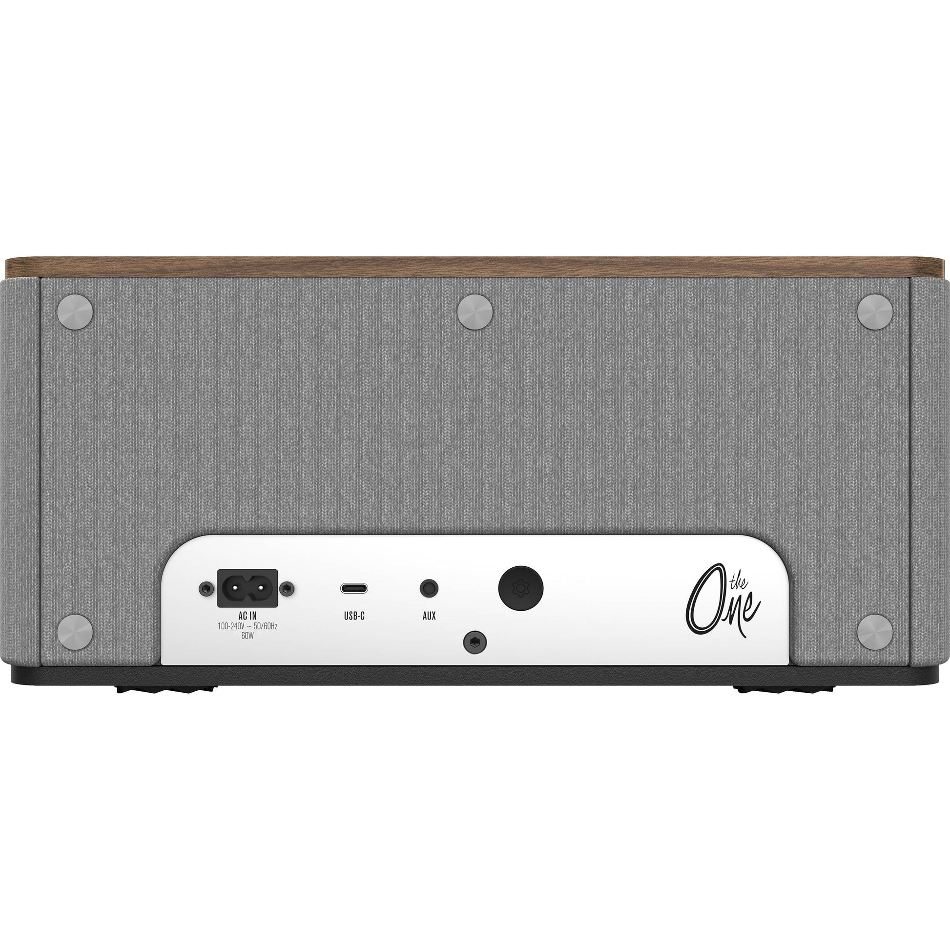 Klipsch The One Plus wireless speaker with retro design, featuring a wooden cabinet and control knobs on the front.