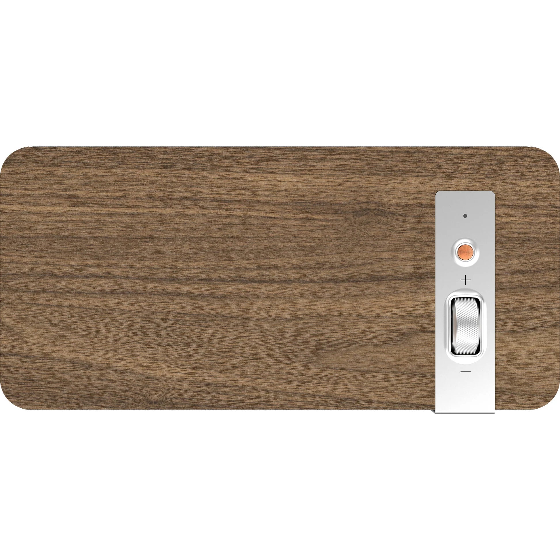 Wireless Klipsch The One Plus speaker with wooden finish, compact design, and control buttons on top.