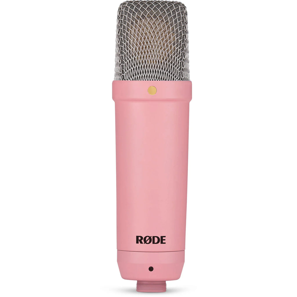 Rode NT1 Signature Series condenser microphone with cardioid capsule and professional audio equipment for studio recording.