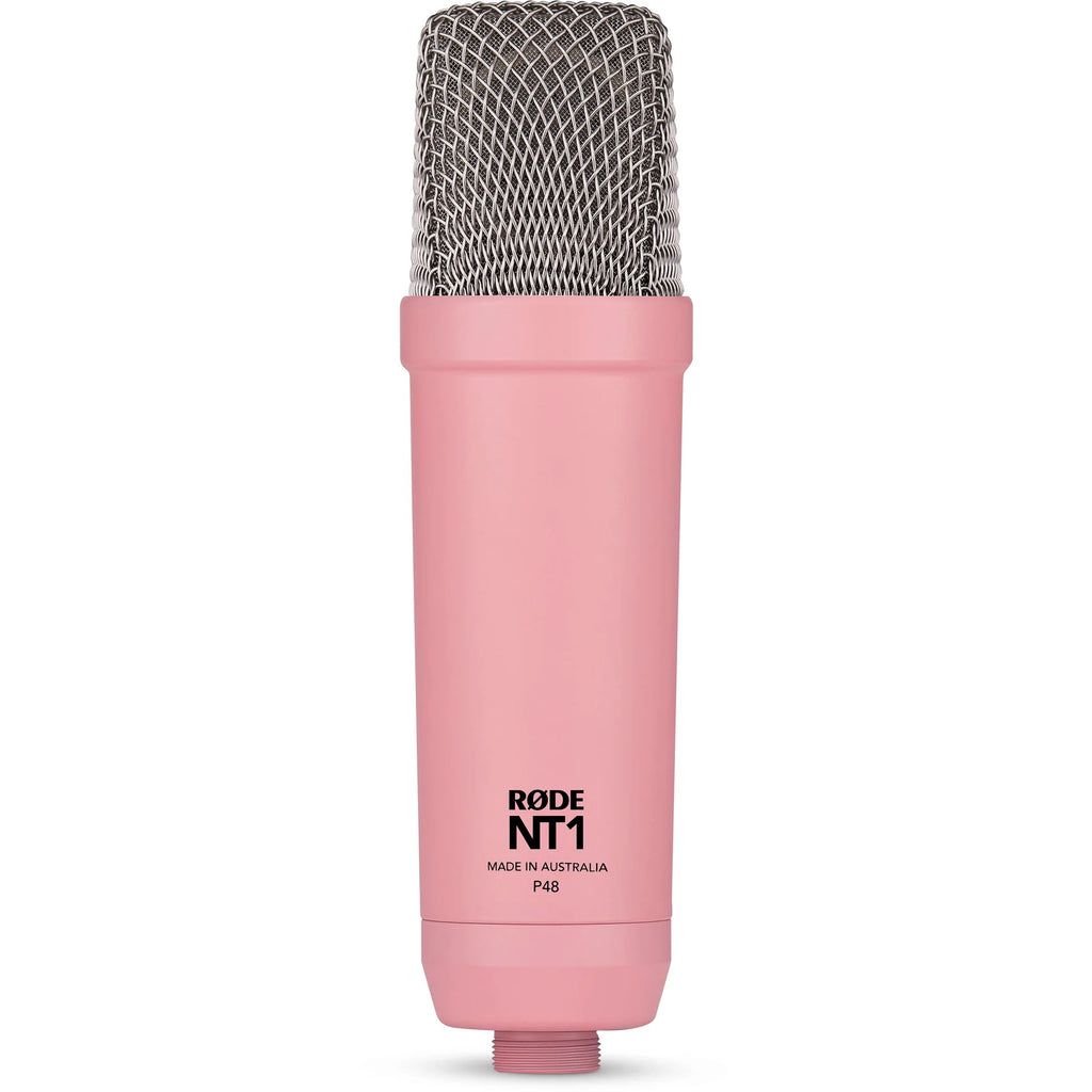 Rode NT1 Signature Series condenser microphone with black body and silver grille, positioned on a stand for vocal recording.