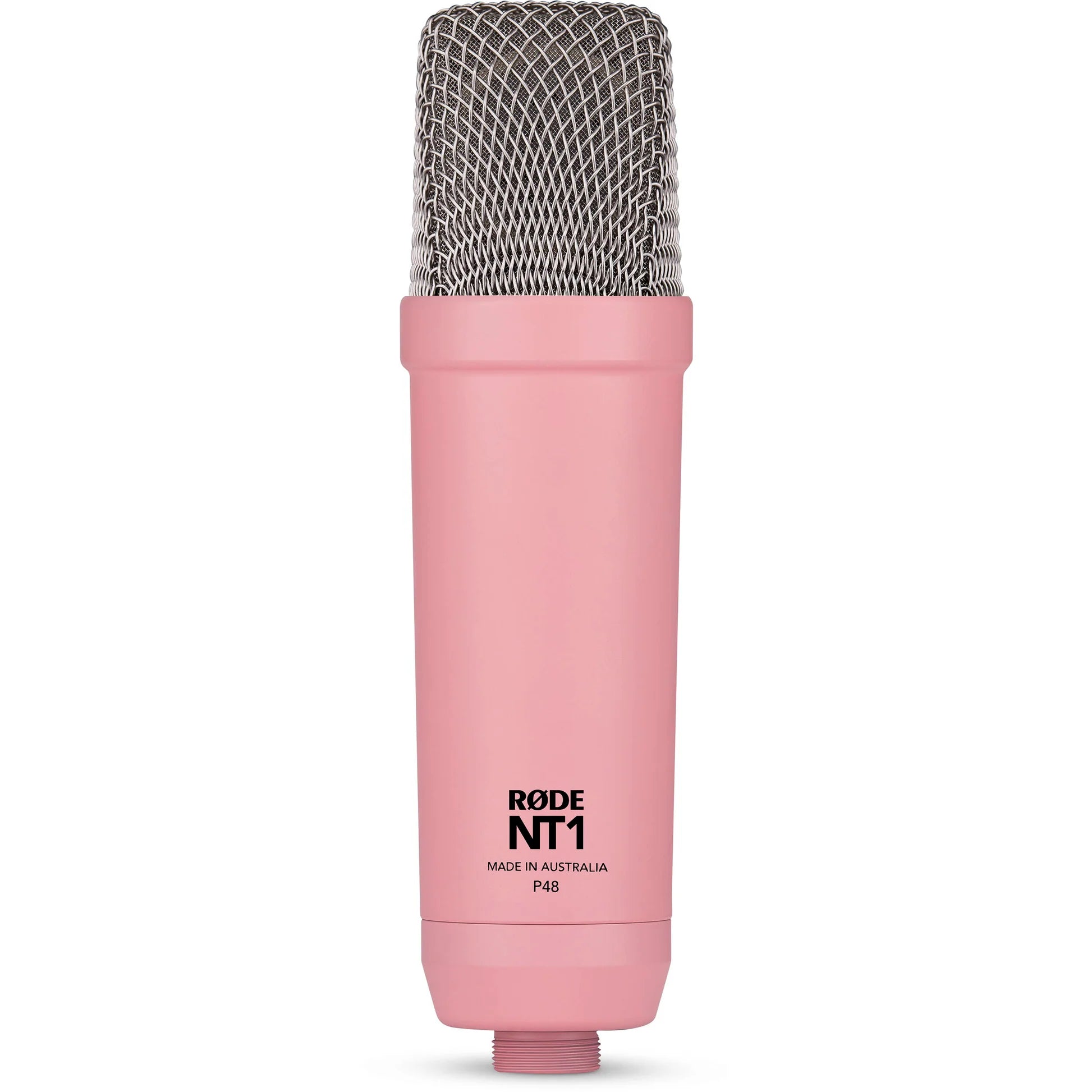 Rode NT1 Signature Series condenser microphone with black body and silver grille, positioned on a stand for vocal recording.