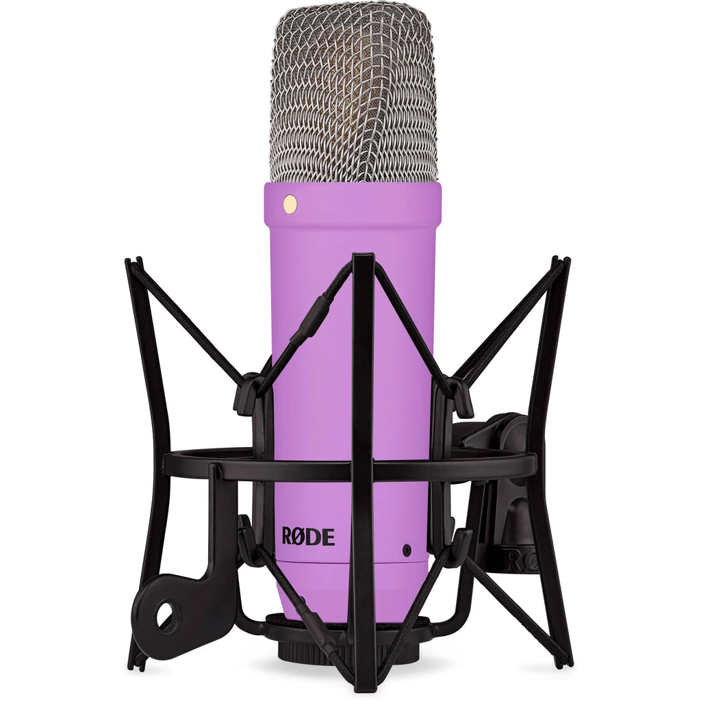 Rode NT1 Signature Series condenser microphone with black body and silver grille, shown from a slight angle.