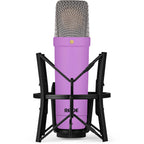 Rode NT1 Signature Series condenser microphone with metal grille and studio shock mount for professional vocal and instrument recording.