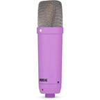 Rode NT1 Signature Series condenser microphone with black finish, microphone capsule and stand on a white background.
