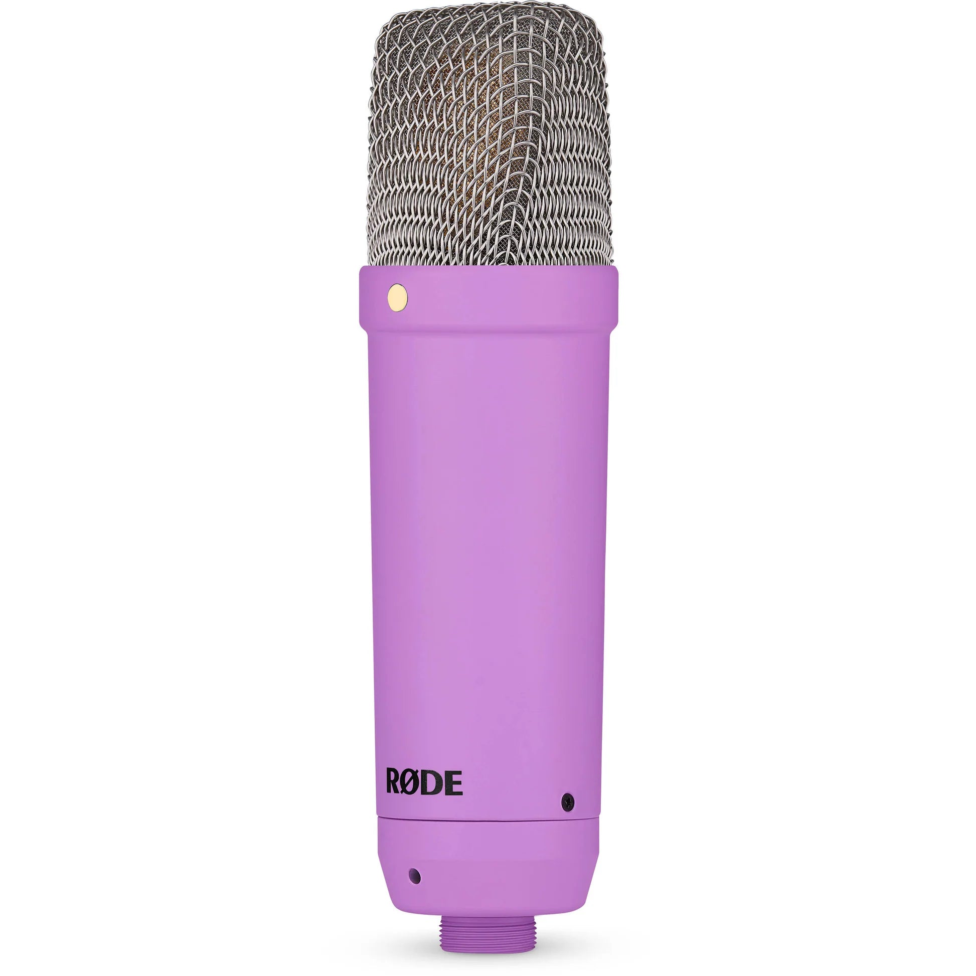 Rode NT1 Signature Series condenser microphone with black finish, microphone capsule and stand on a white background.