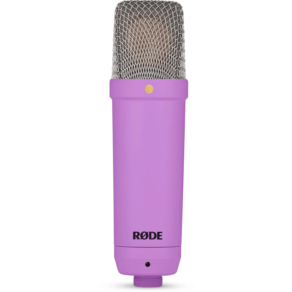 Rode NT1 Signature Series condenser microphone with black finish and gold accents, detailed close-up shot for studio recording setup