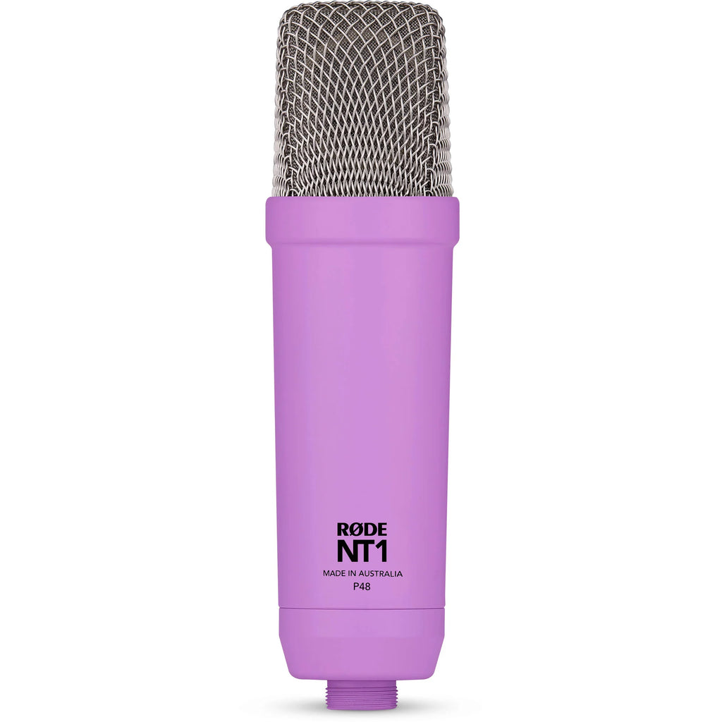 Rode NT1 Signature Series condenser microphone with gold finish and shock mount for studio recording and vocal capture.