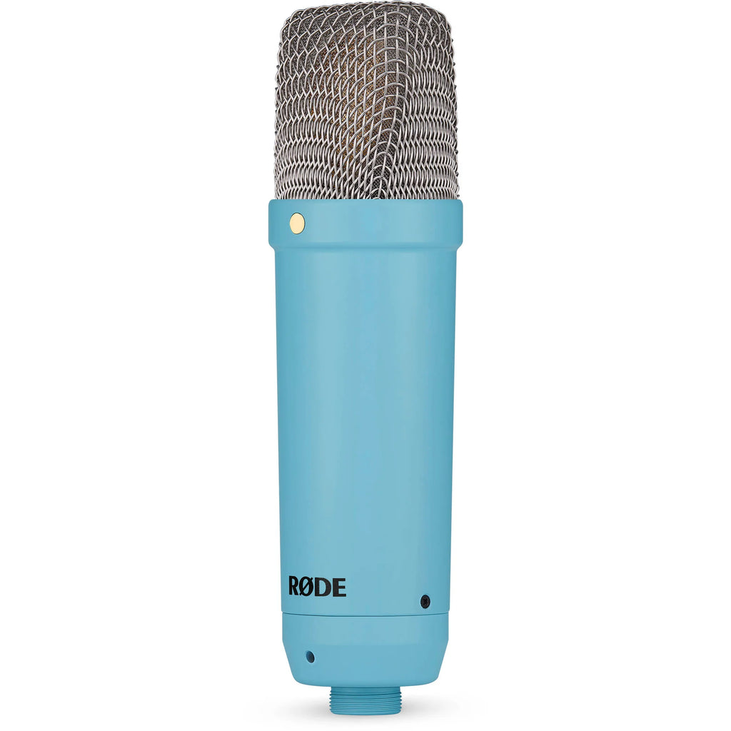 Rode NT1 Signature Series condenser microphone with silver finish, shown on a stand with a black shock mount and grille.