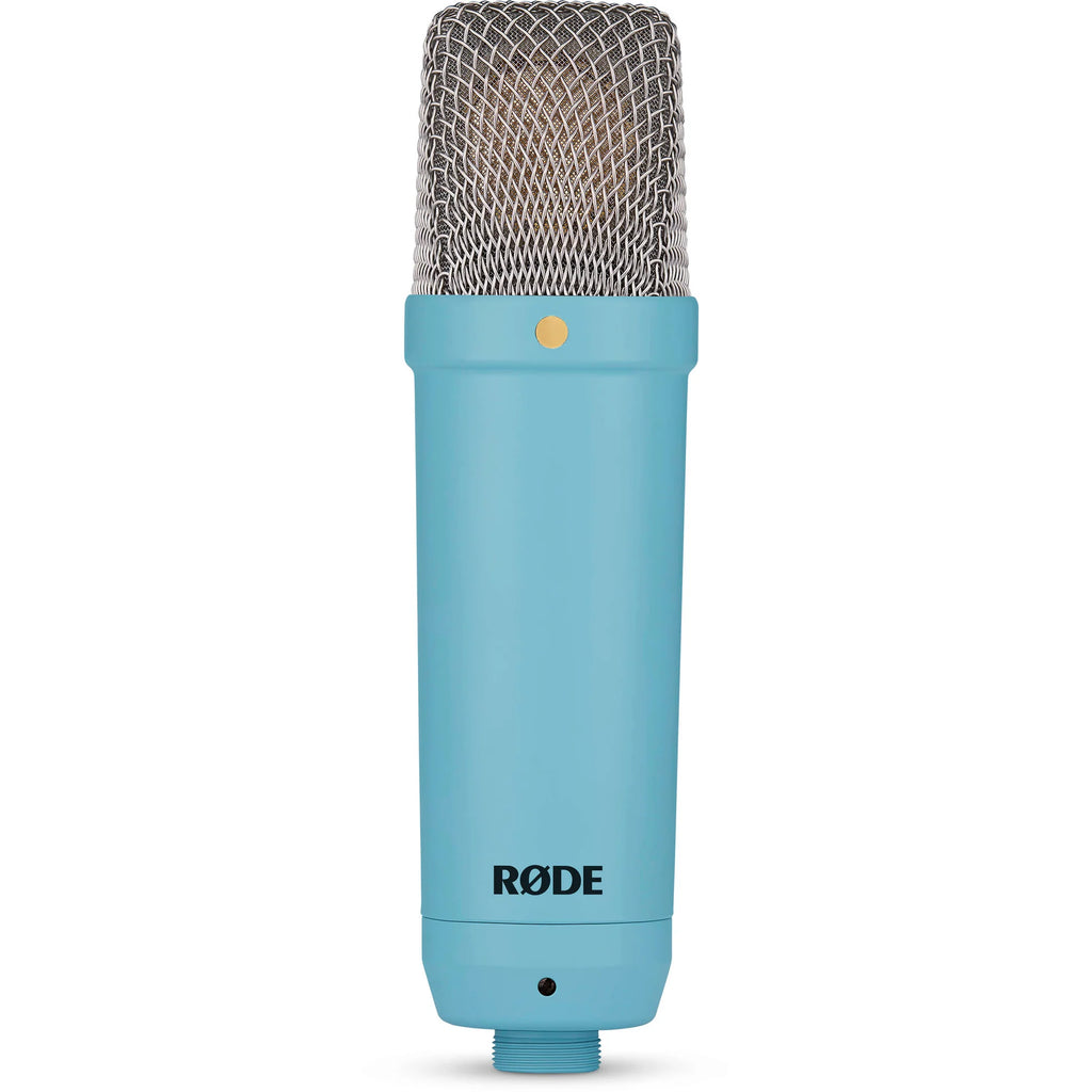 Rode NT1 Signature Series condenser microphone with black body and metal grille for professional studio recording.