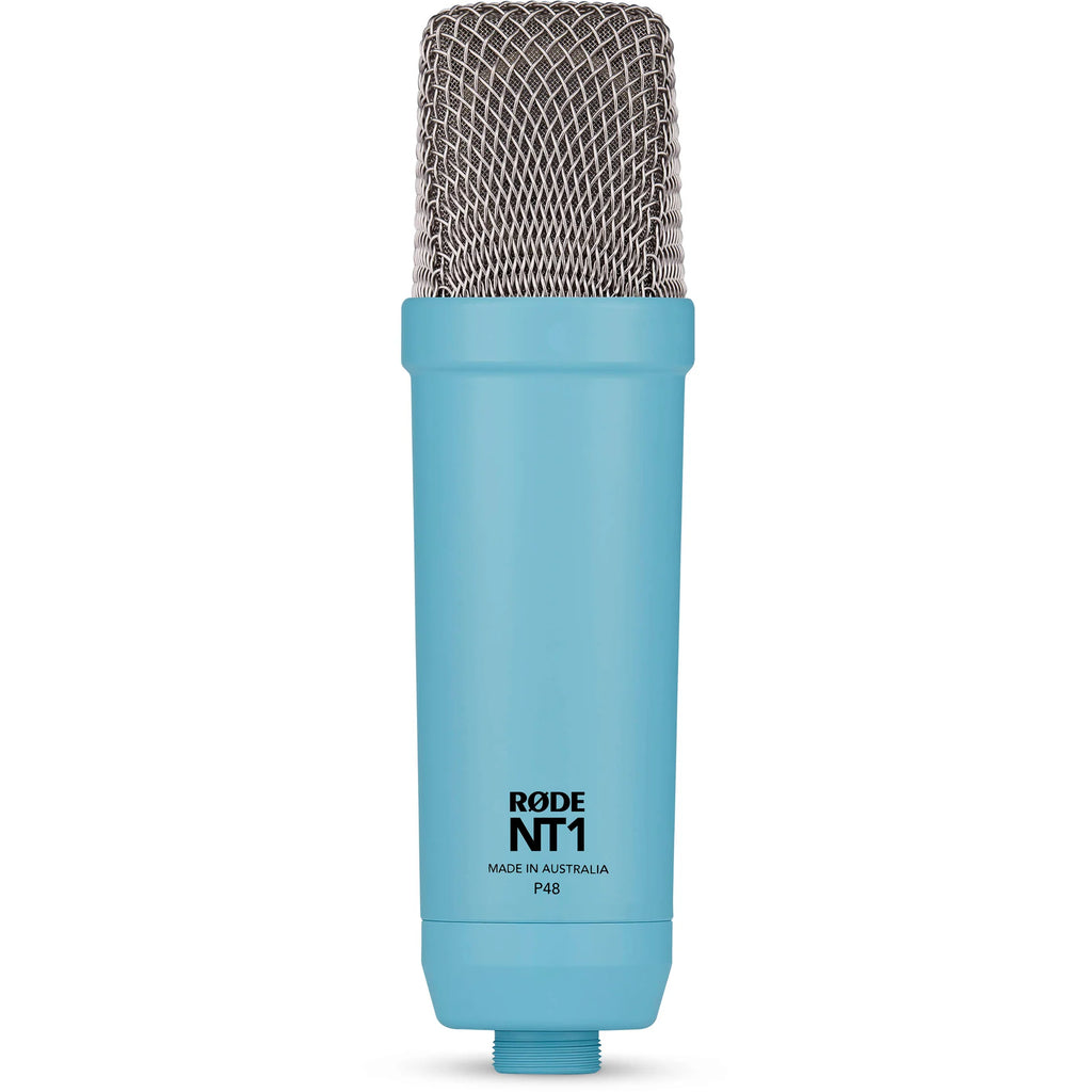 Rode NT1 Signature Series condenser microphone with sleek black body and metal grille for studio recording and vocals