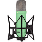 Rode NT1 Signature Series condenser microphone with black grille and silver body, designed for studio recording and vocals.