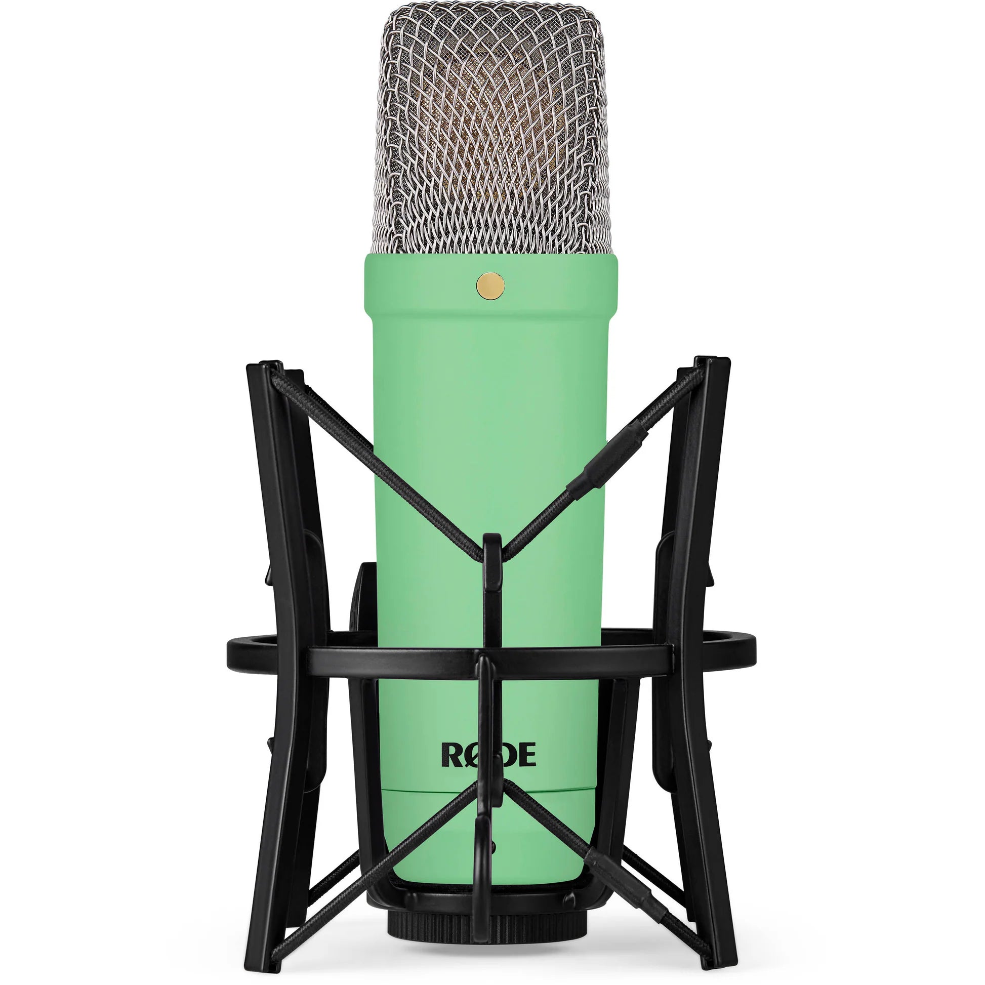 Rode NT1 Signature Series condenser microphone with black finish, shown from a slight angle, capturing studio audio equipment.