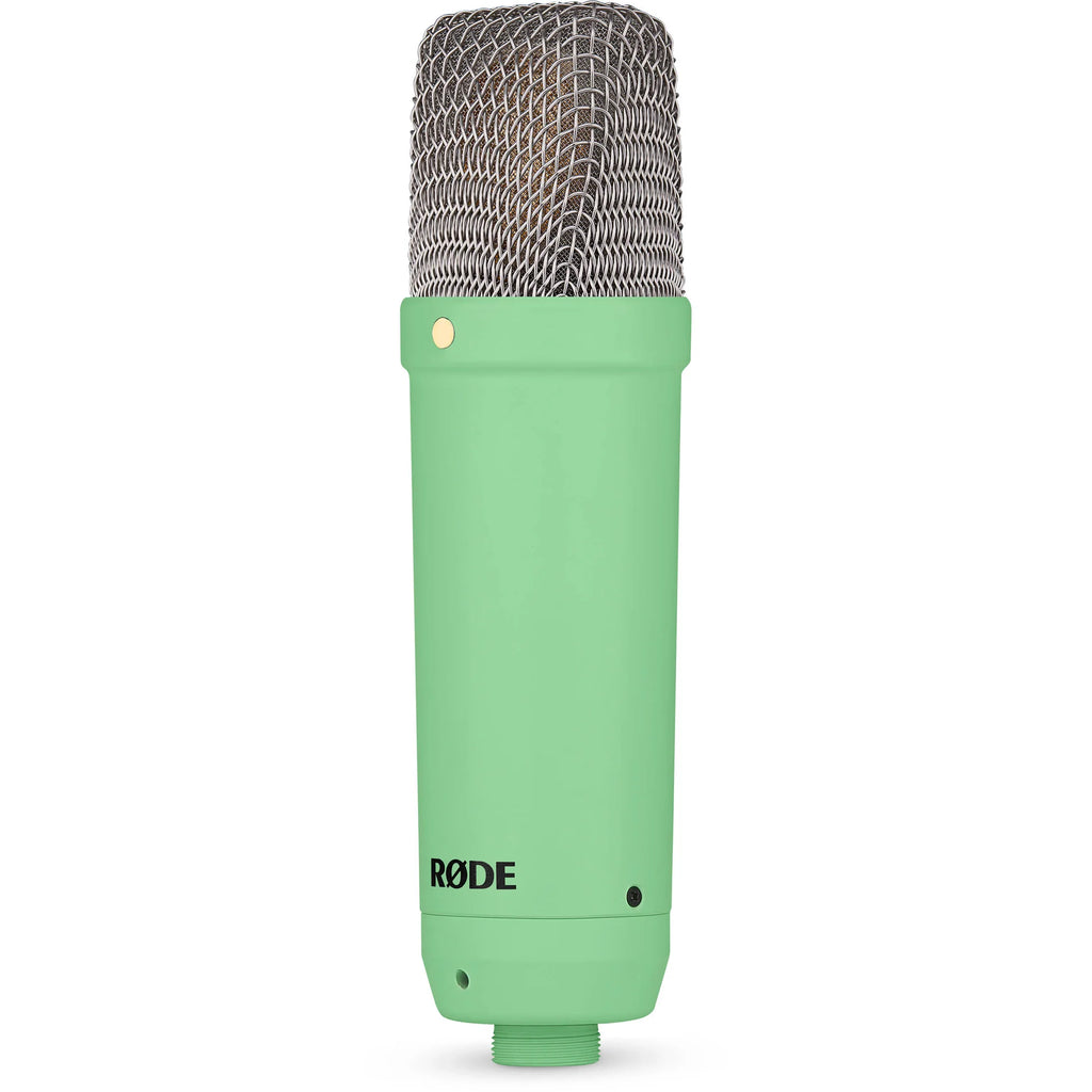 Rode NT1 Signature Series condenser microphone with silver finish and shock mount, designed for studio recording and vocals.