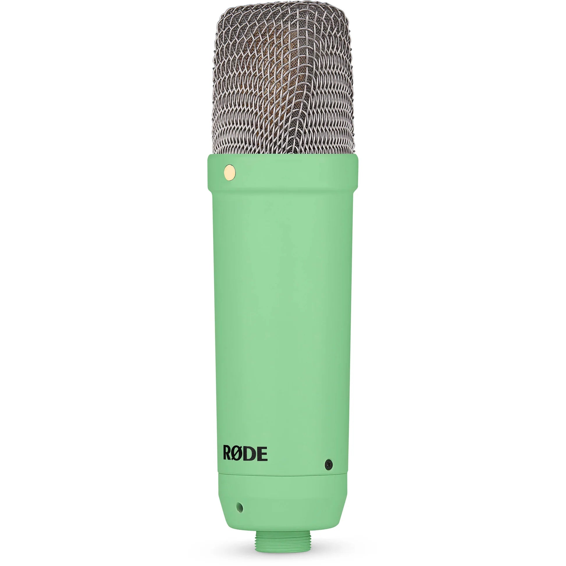 Rode NT1 Signature Series condenser microphone with silver finish and shock mount, designed for studio recording and vocals.
