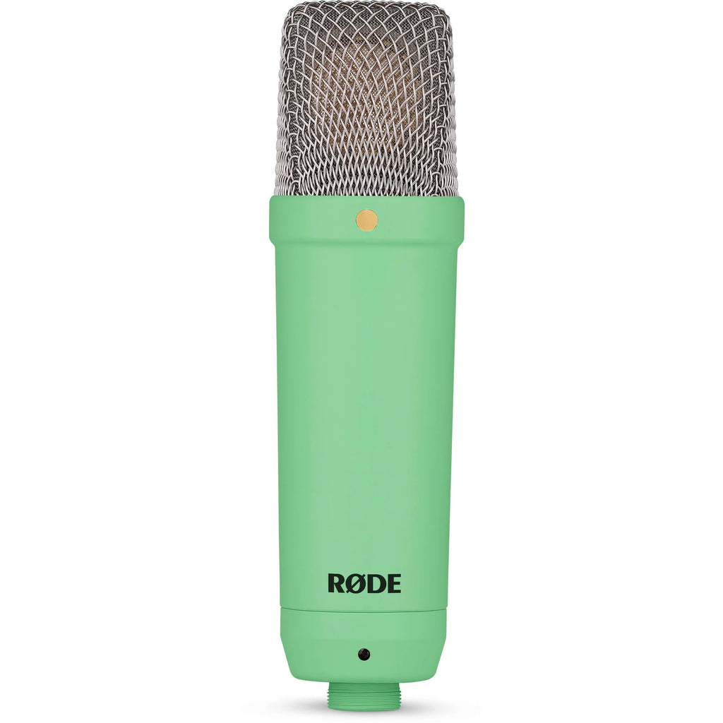 Rode NT1 Signature Series condenser microphone with sleek silver body and shock mount for studio recording and vocals.