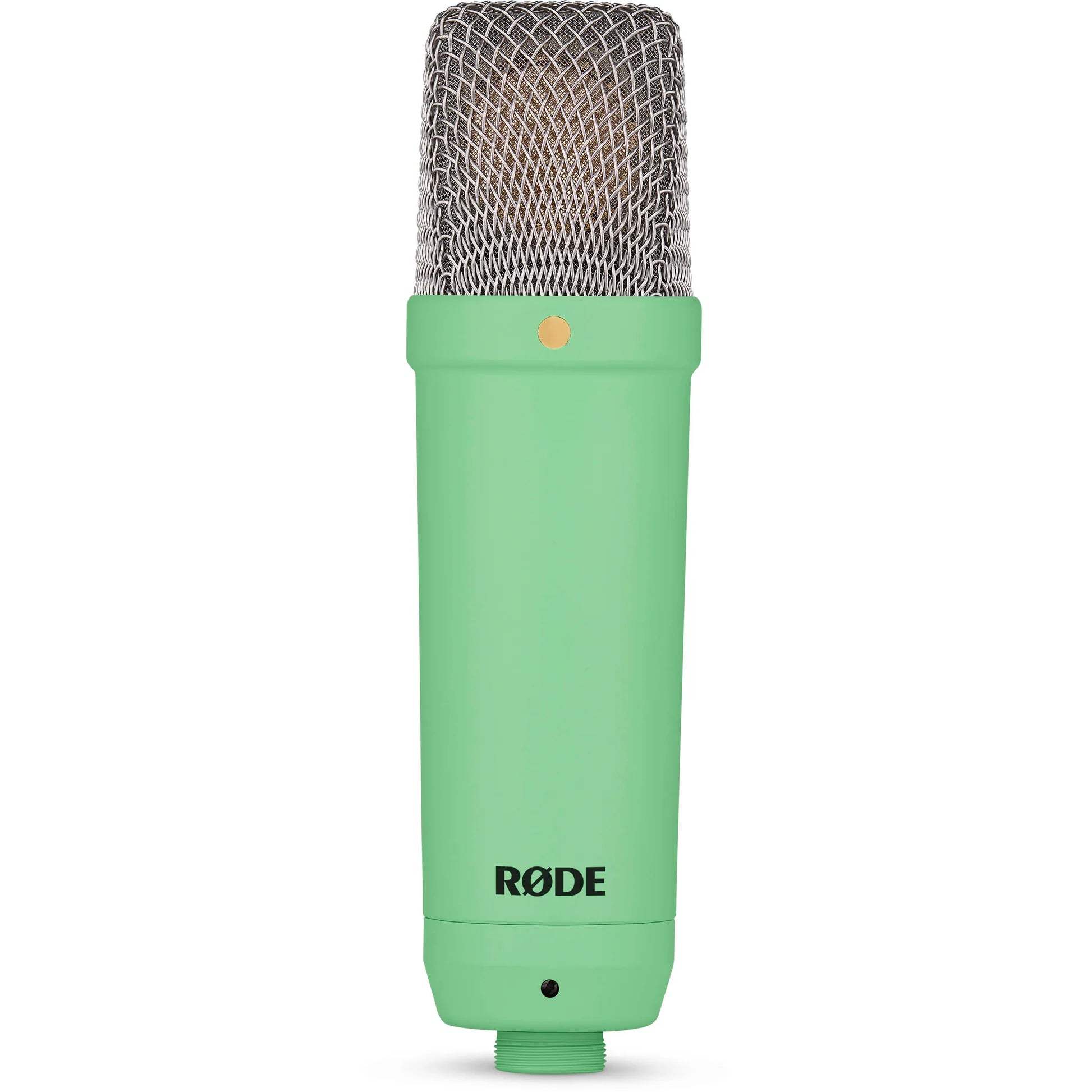 Rode NT1 Signature Series condenser microphone with sleek silver body and shock mount for studio recording and vocals.