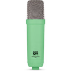 Rode NT1 Signature Series condenser microphone mounted on a stand, showcasing its sleek design and professional audio equipment.